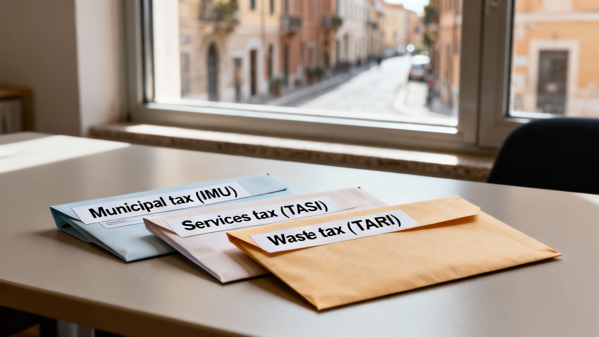 Three envelopes labeled 'Municipal tax', 'Services tax', and 'Waste tax' on a table by a window overlooking a street.