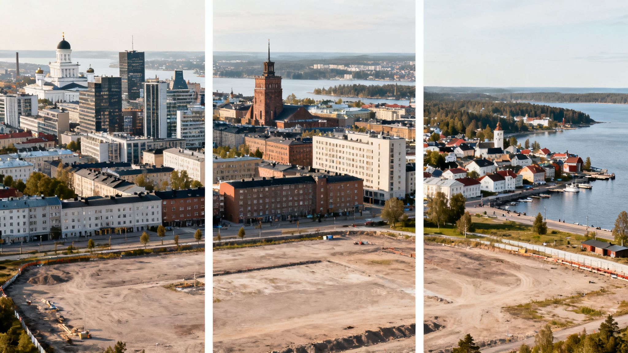 Panoramic aerial view of diverse Finnish cityscapes, showing urban areas, coastal towns, and development plots.