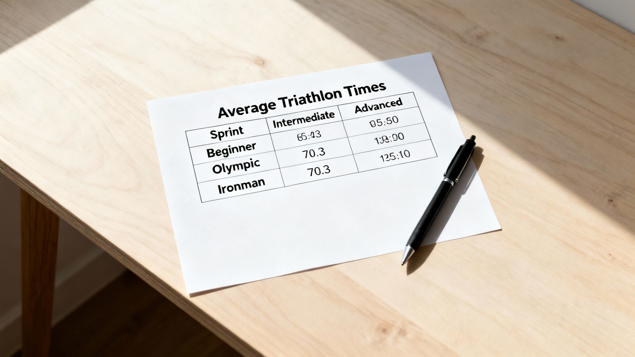 A paper on a light wooden desk displays average triathlon times in a table with a pen beside it.