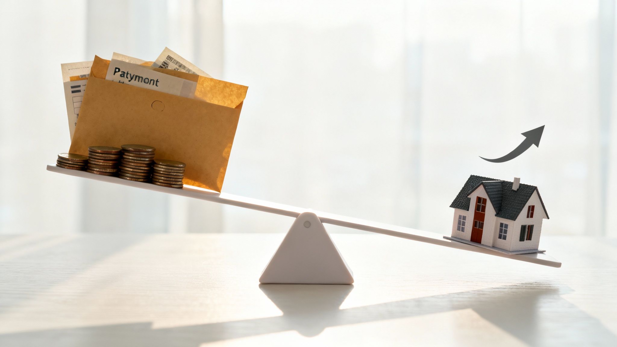 A balance scale showing coins and a payment envelope outweighing a house model with an upward arrow.