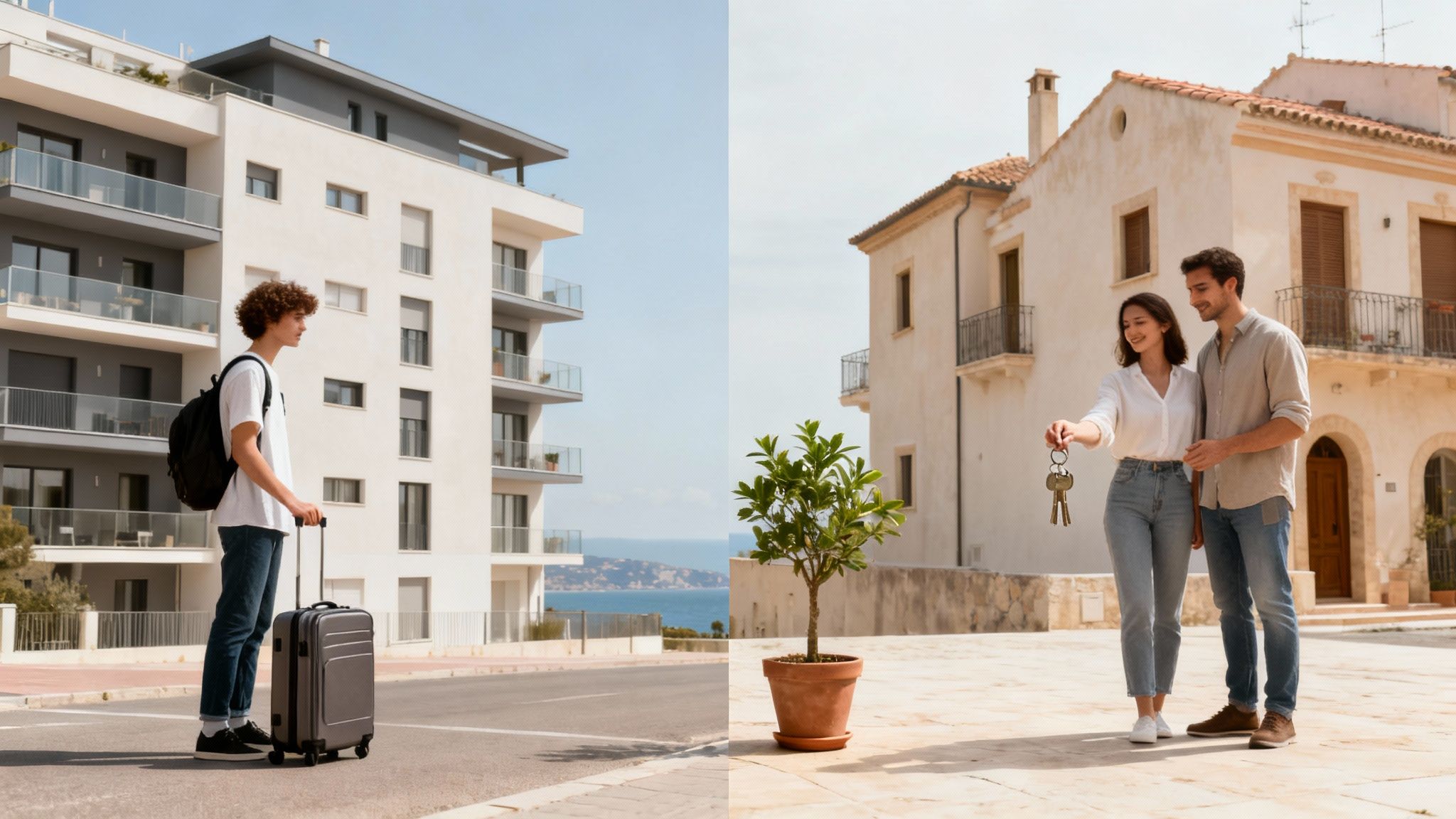 Side-by-side images comparing a young man moving into an apartment and a couple with keys to a house.