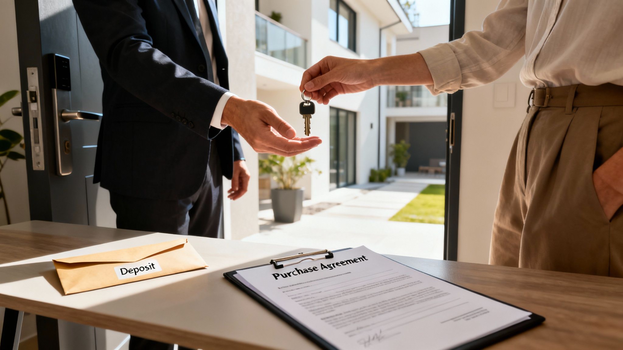 A real estate agent hands house keys to a person, with a purchase agreement and deposit envelope on a table.