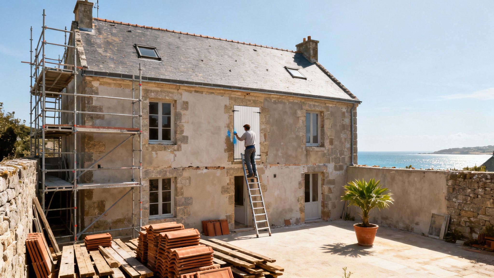 A man on a ladder paints a shutter on a stone house under renovation near the sea.