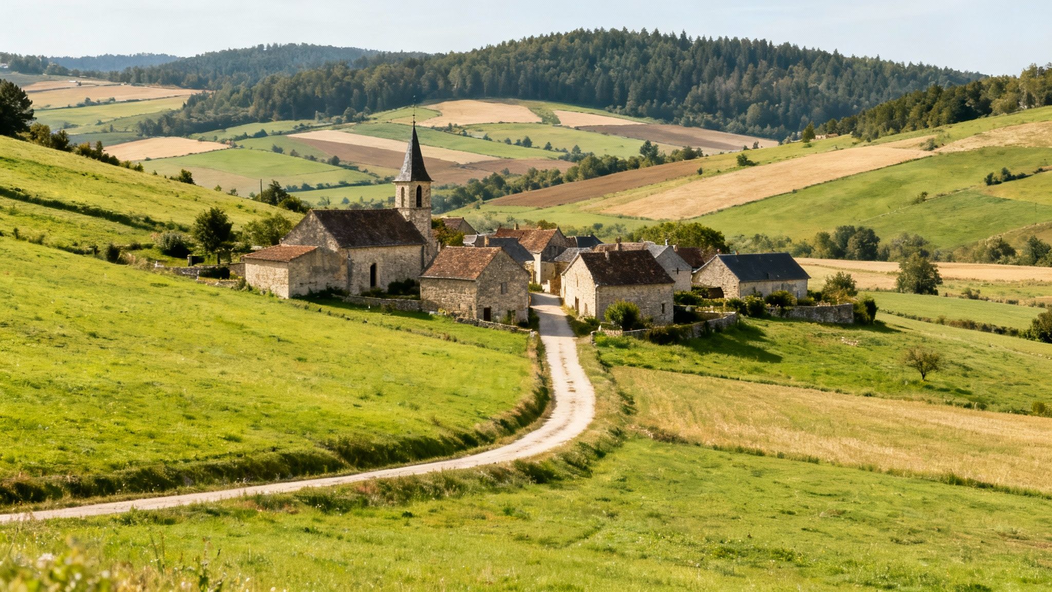 A scenic French village with a stone church and houses nestled amidst green rolling hills and patchwork fields.
