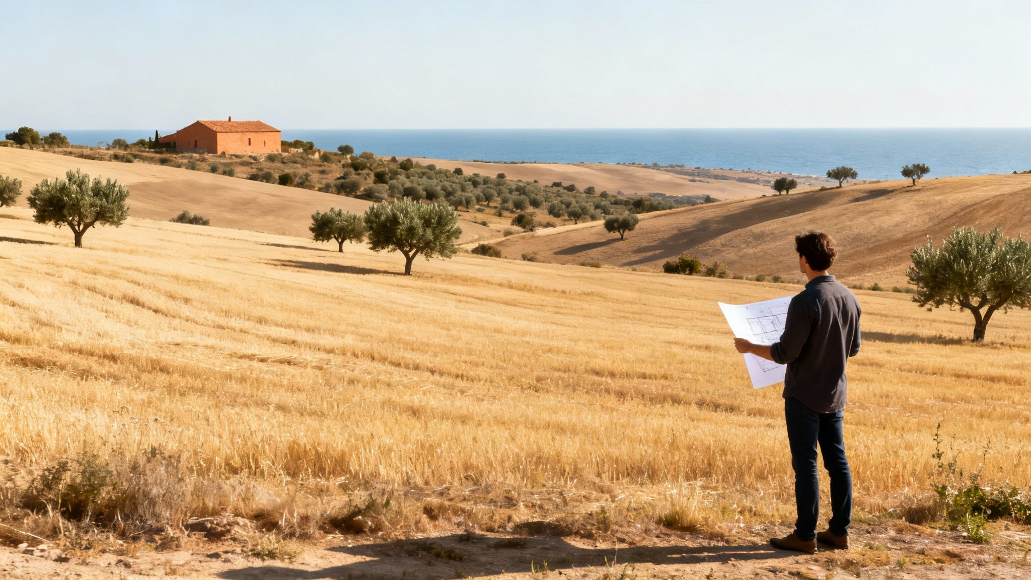 A man holding architectural plans surveys golden fields, a distant house, and the blue sea.