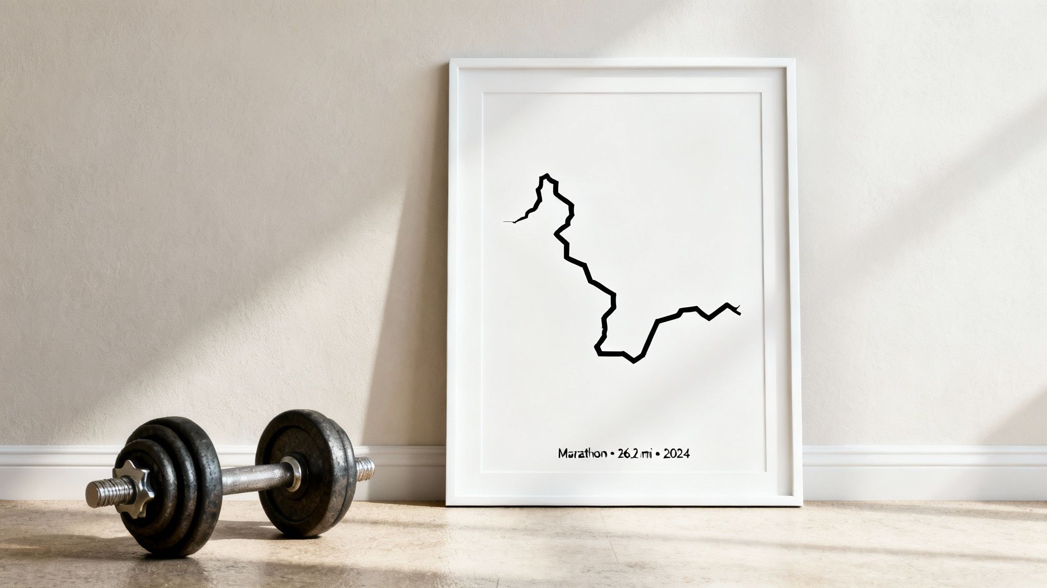 A dumbbell and a framed print showing a marathon route and distance against a beige wall.