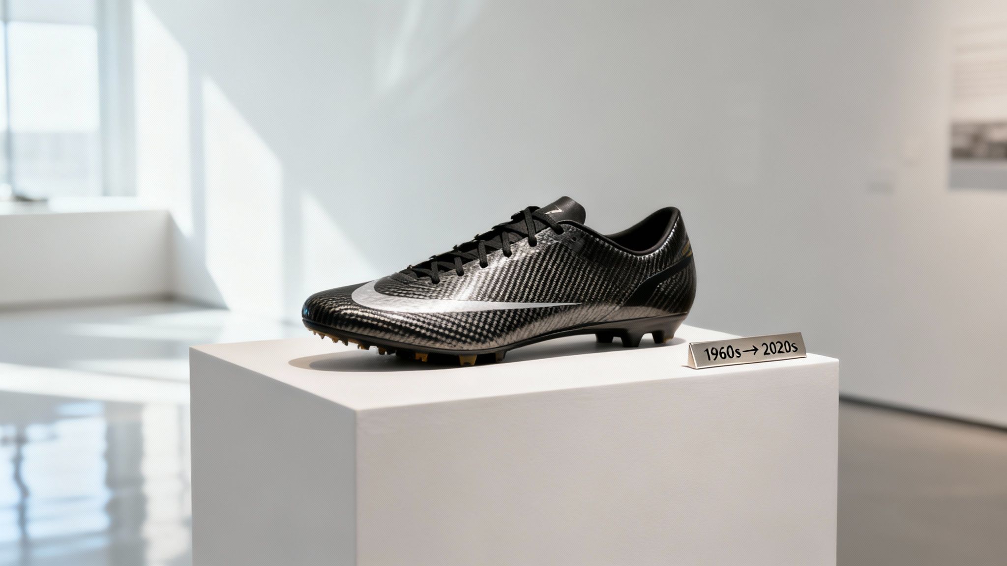 A modern black and silver carbon fiber football cleat with a silver swoosh on a white pedestal.
