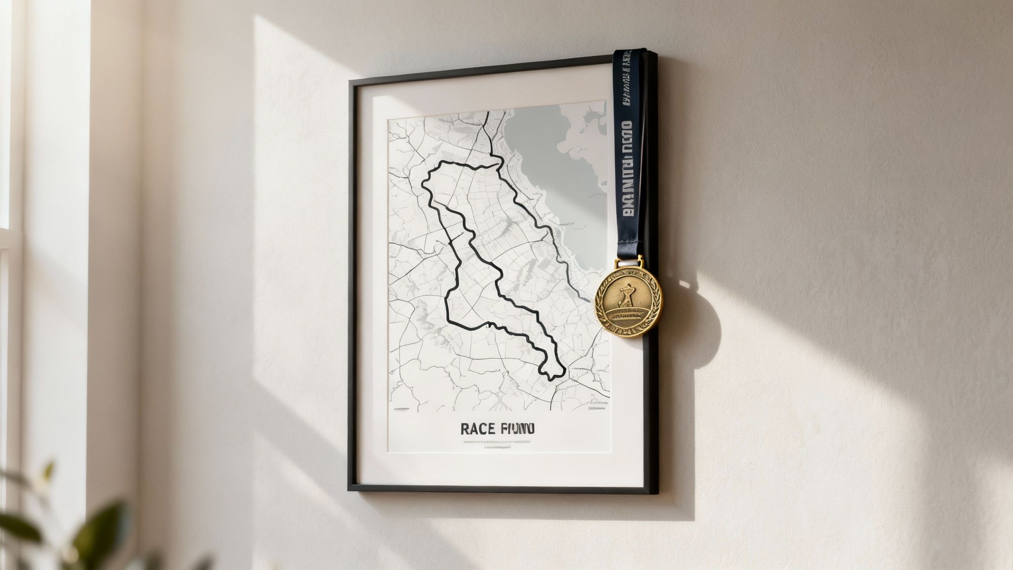 A framed map of a race route with a gold medal and ribbon hanging from its side on a textured wall.