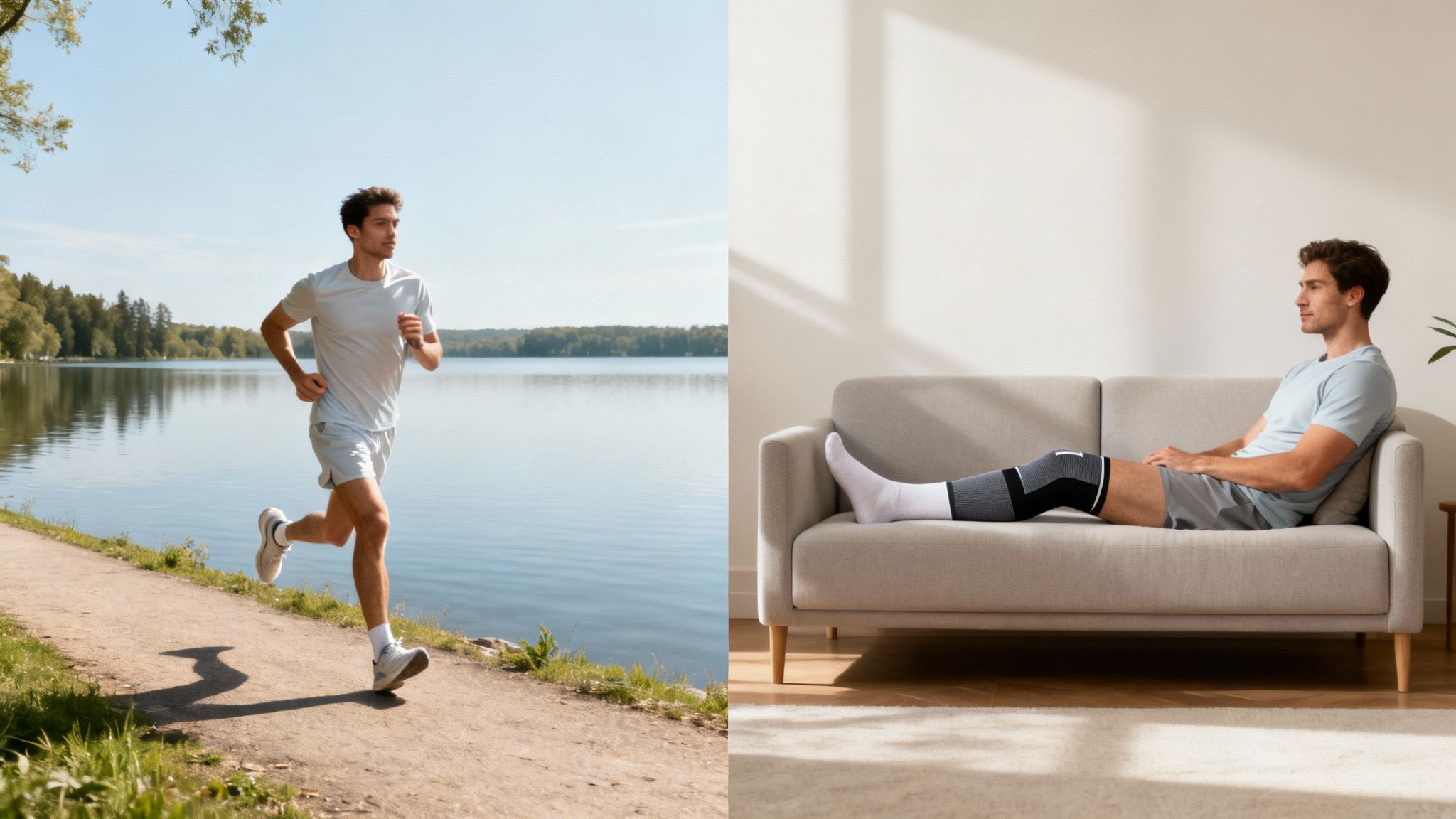 A man running outdoors next to a lake, and then relaxing on a couch with a knee brace.
