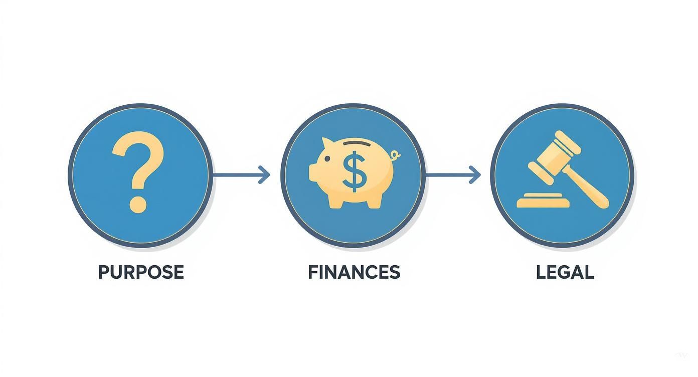 Three step process diagram showing purpose, finances, and legal considerations for property purchase