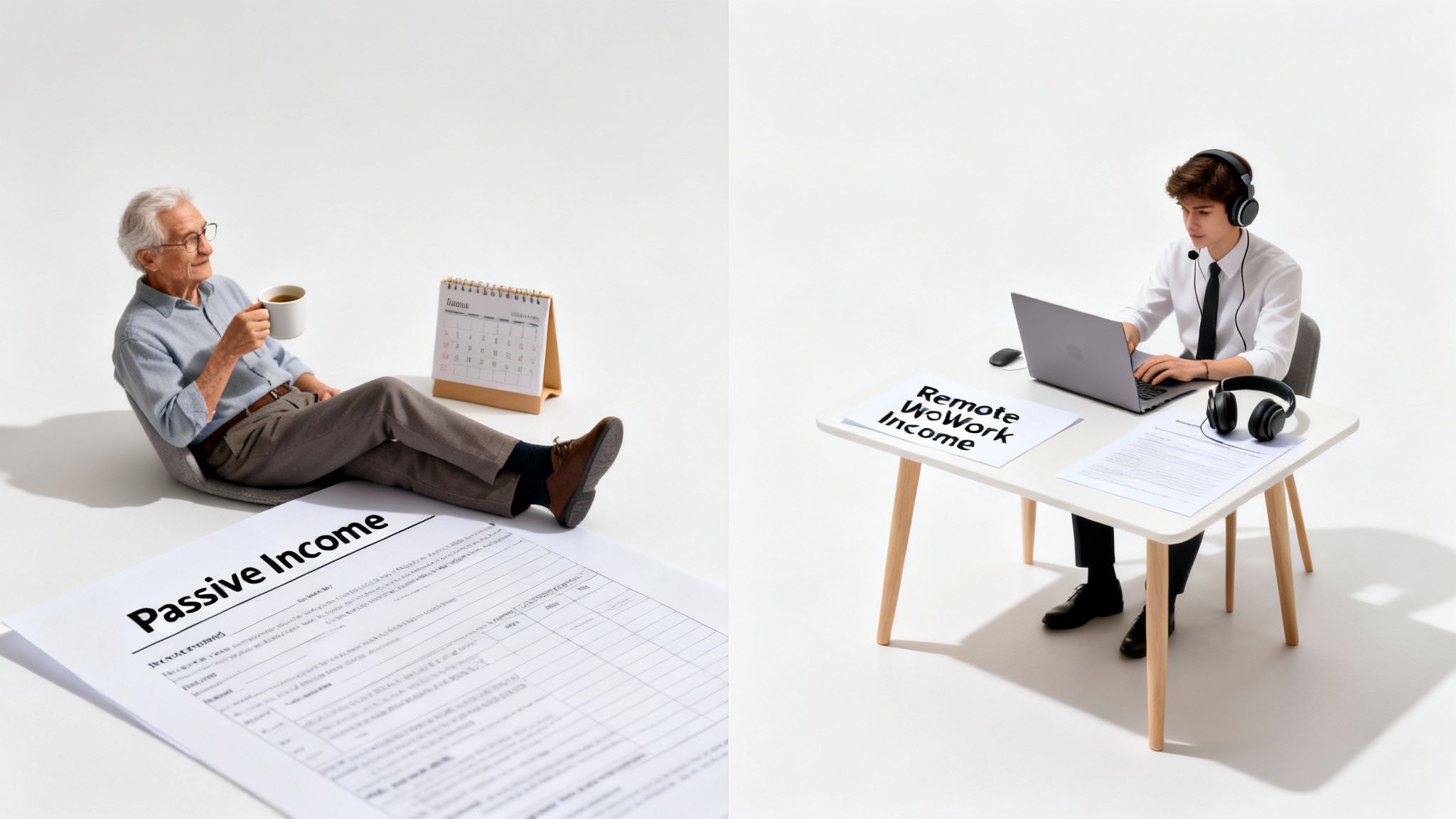 An elderly man relaxes with coffee, displaying 'Passive Income', contrasted with a young man actively earning 'Remote Work Income' on a laptop.