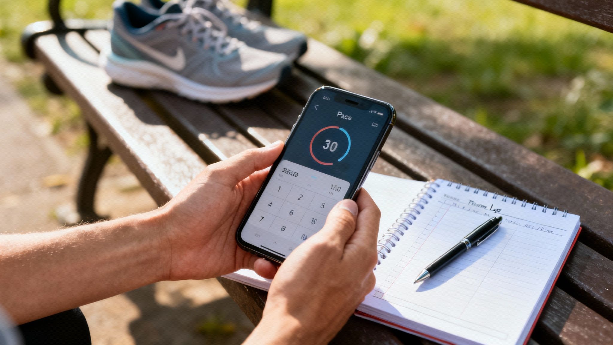 A person holds a smartphone displaying a running pace app with a training log and shoes.