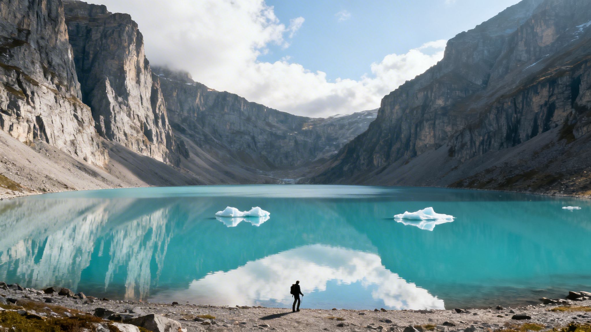 A lone hiker stands by a turquoise glacial lake with icebergs, reflecting dramatic mountains and sky.