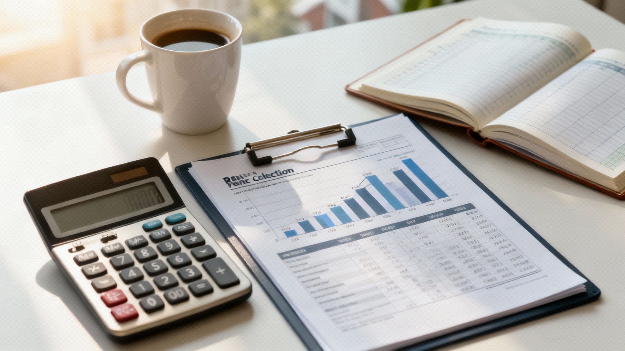 A property manager reviewing financial documents and charts on a tablet.