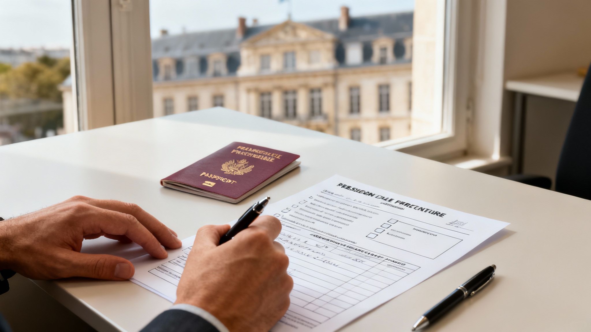 A person fills out official paperwork next to a French passport on a desk.