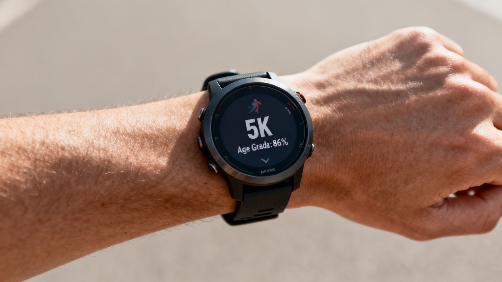 Close-up of a person's arm wearing a black sports watch displaying "5K" and "Age Grade: 86%".