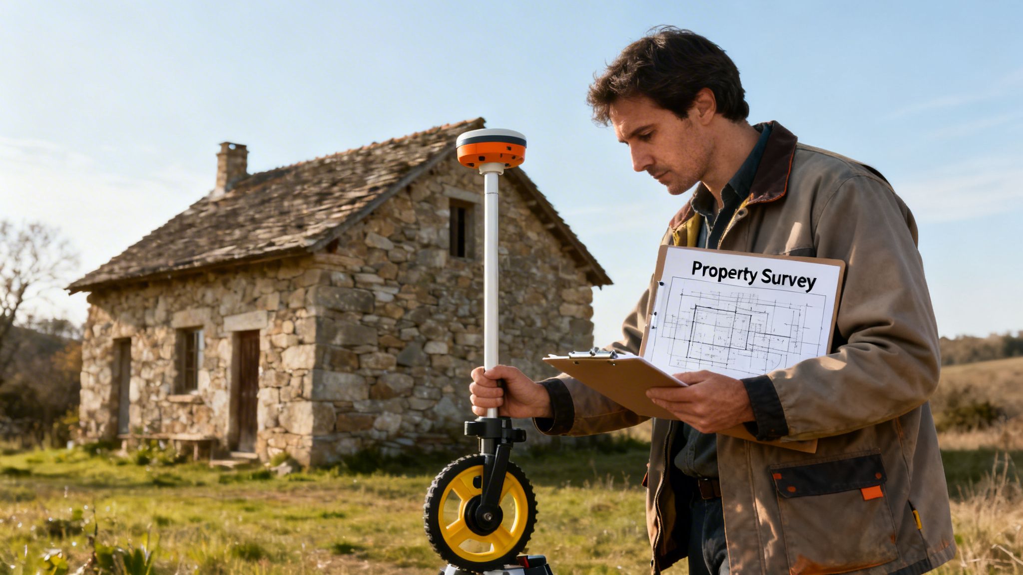 A man conducts a property survey using equipment and a clipboard near an old stone house.