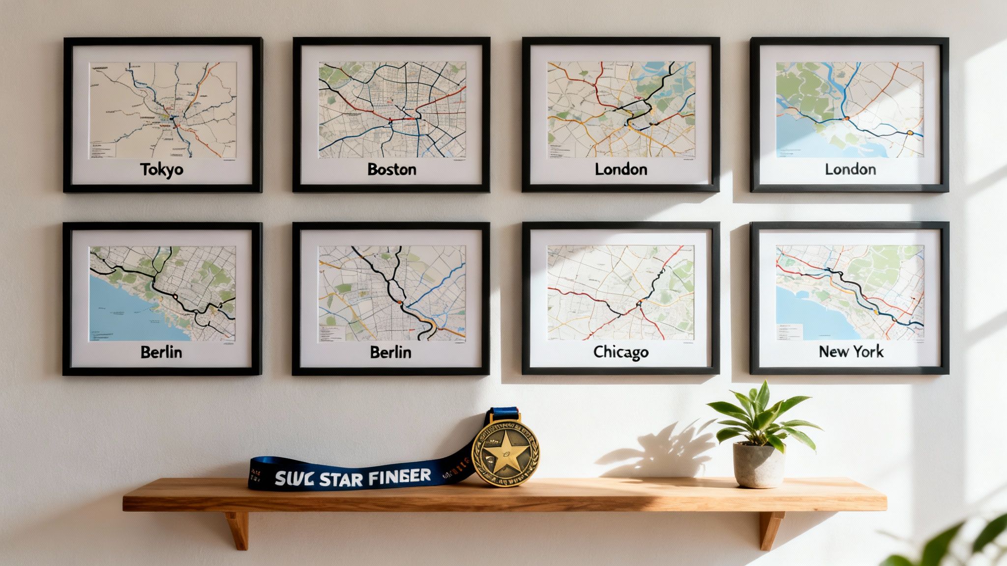A wall with eight framed maps of cities like Tokyo, Boston, and London, with a marathon medal and plant on a shelf.