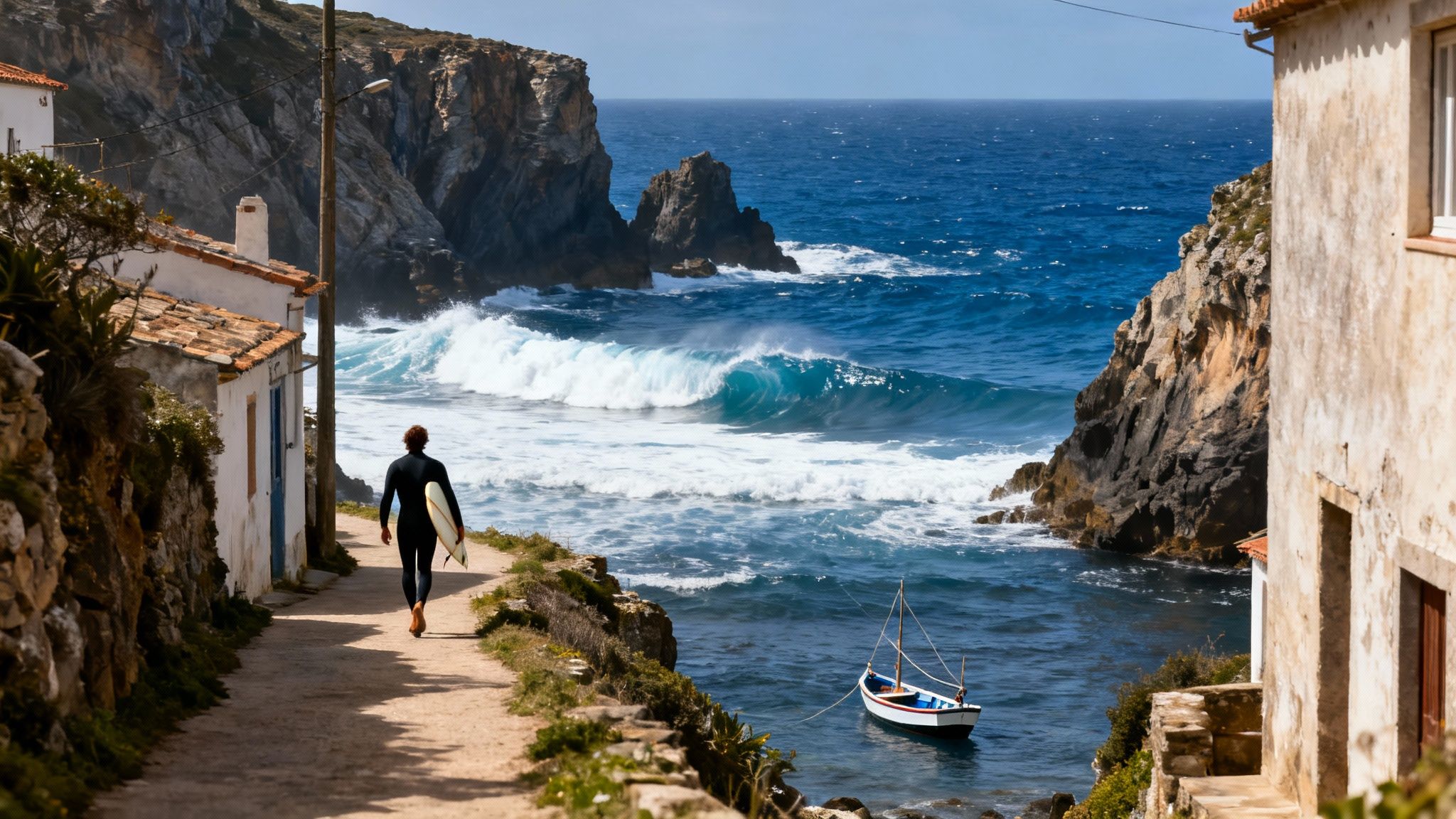 Surfer walking past traditional houses towards a beautiful ocean with large waves and a boat.