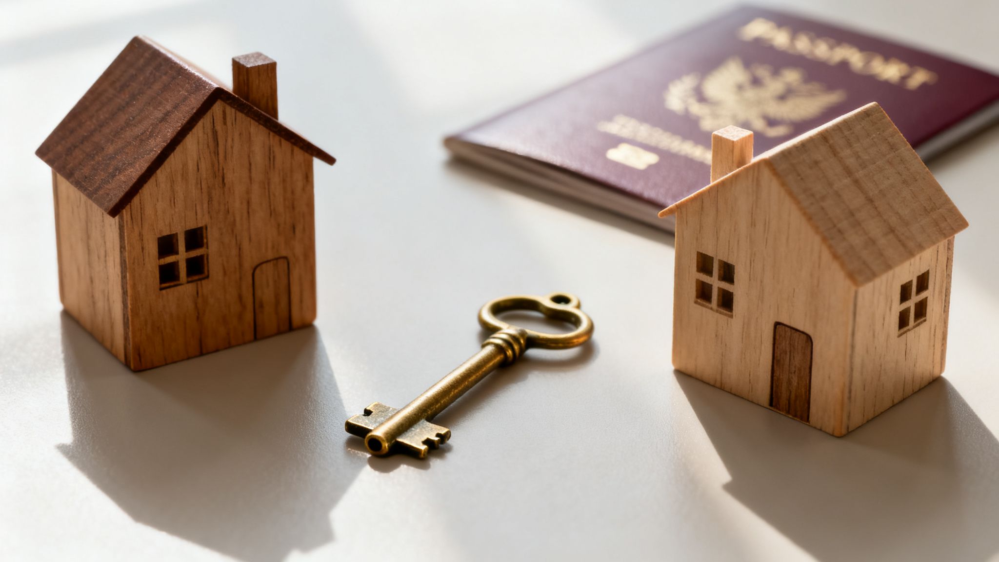 Two miniature wooden houses, an antique key, and a passport, symbolizing home and citizenship.