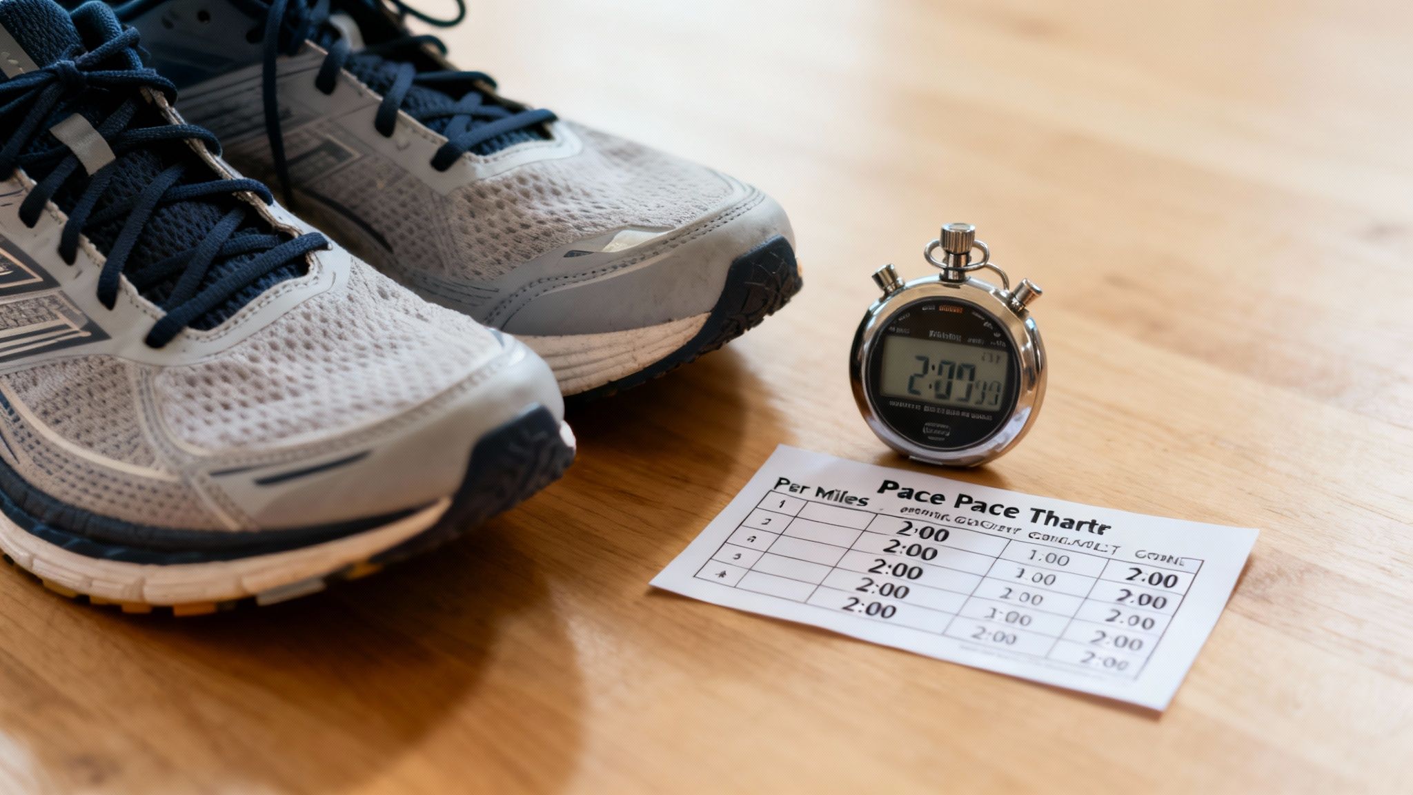 Running shoes, a stopwatch showing 2:00, and a pace chart on a wooden floor.