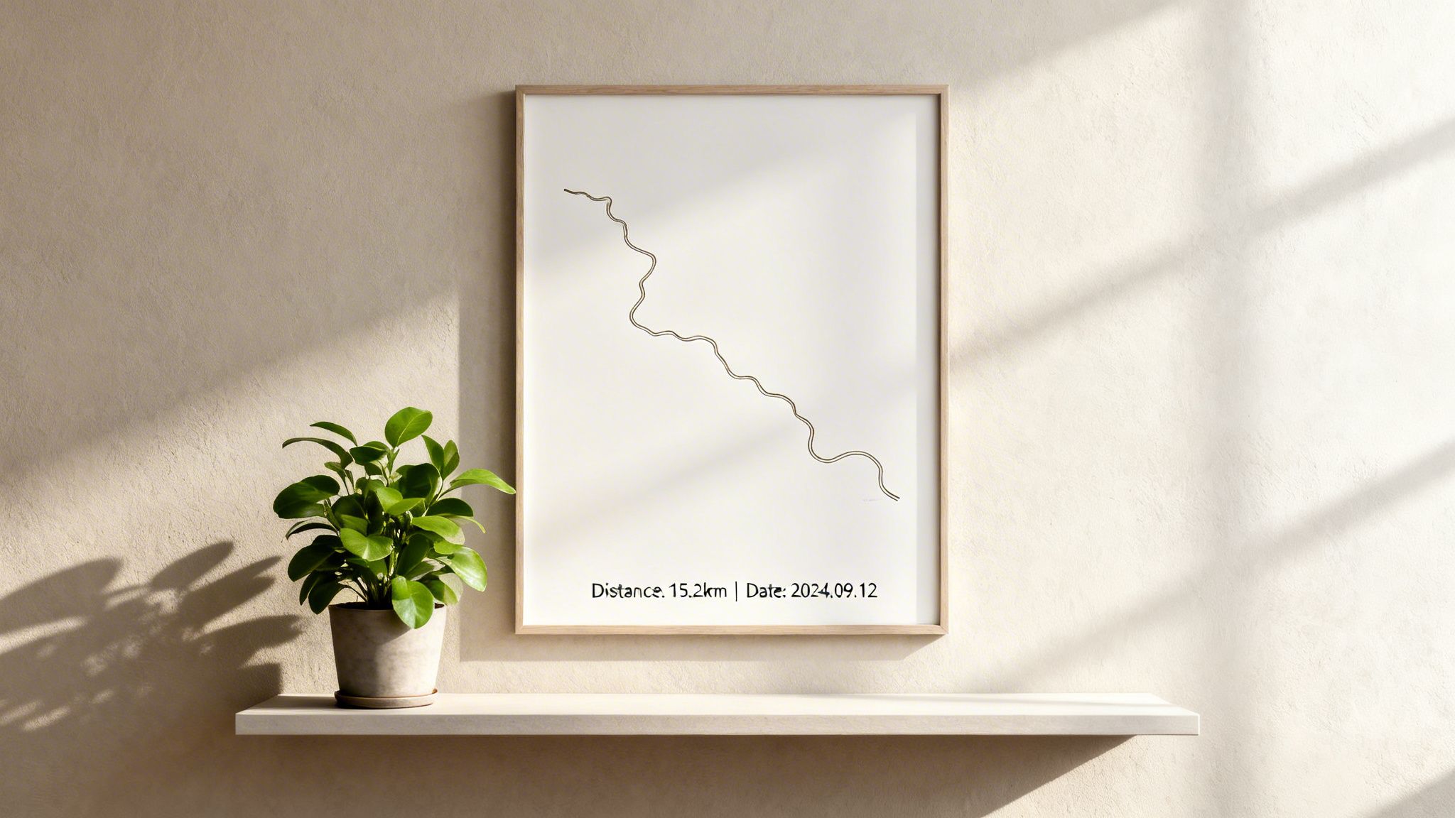 A framed print of a wavy line with distance and date, a potted plant on a shelf, lit by sunlight.