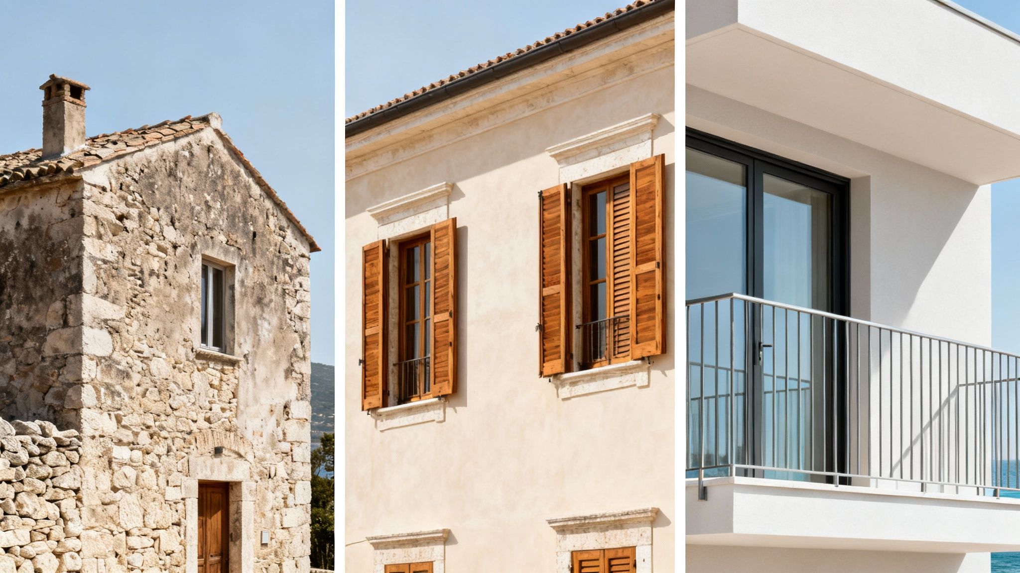Three distinct architectural styles: an old stone house, a classic building with shutters, and a modern white apartment with a balcony overlooking the sea.
