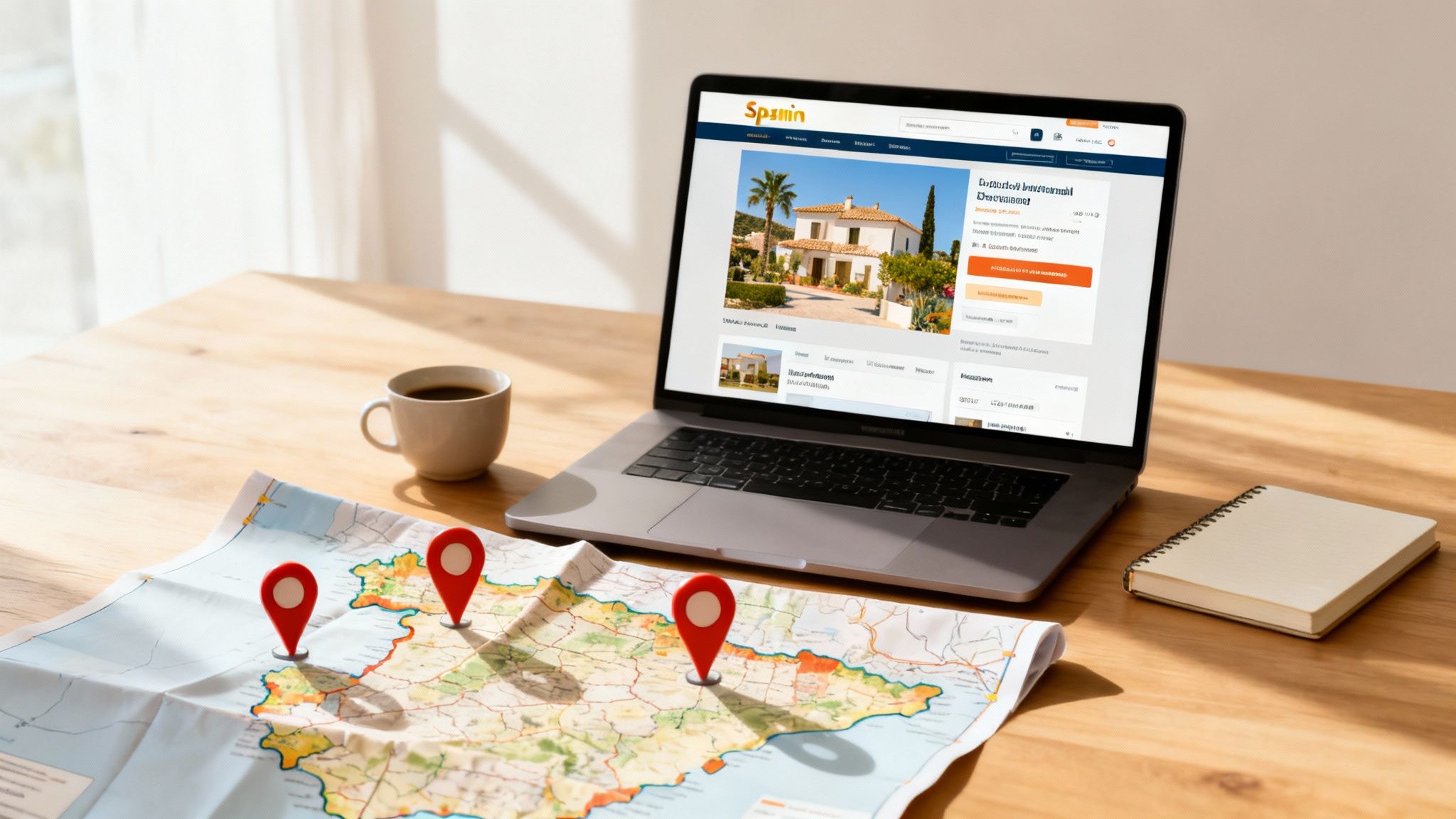 A laptop displaying a Spain property website, a map of Spain with pins, coffee, and a notebook on a wooden desk.