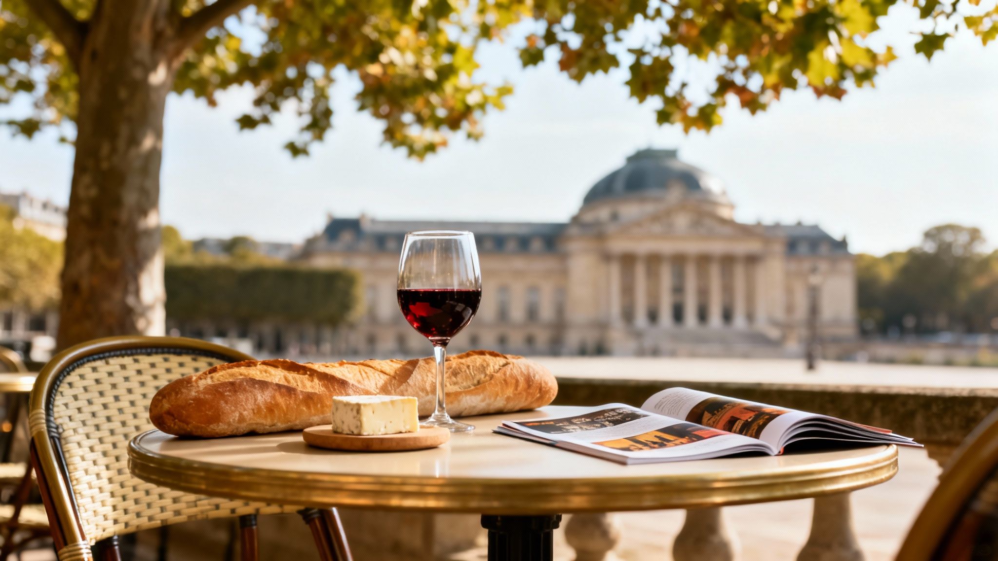 A Parisian cafe table with wine, baguette, cheese, and a magazine, overlooking a grand classical building.