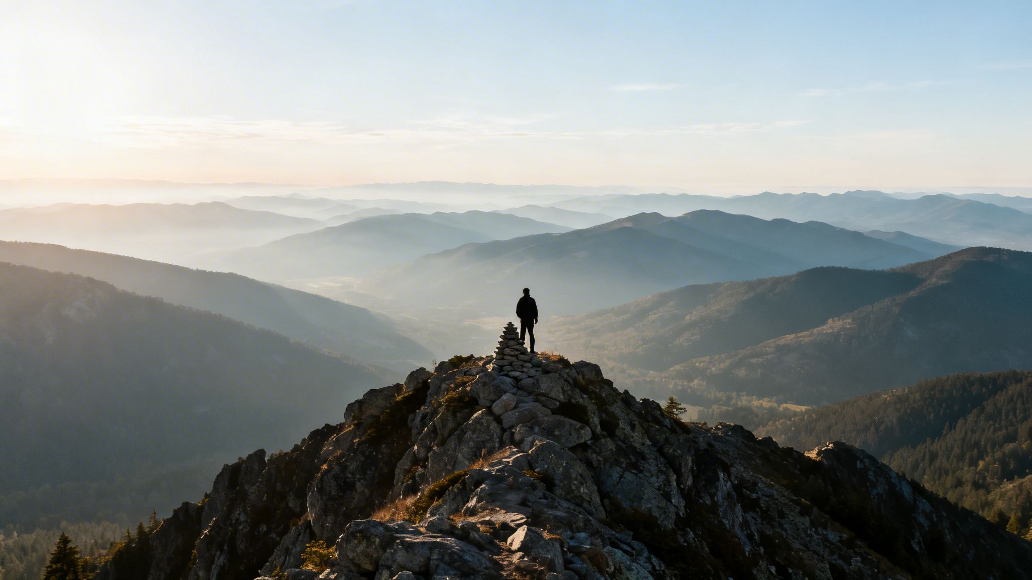 A lone hiker stands on a rocky summit, observing endless rolling mountain ranges at sunrise.