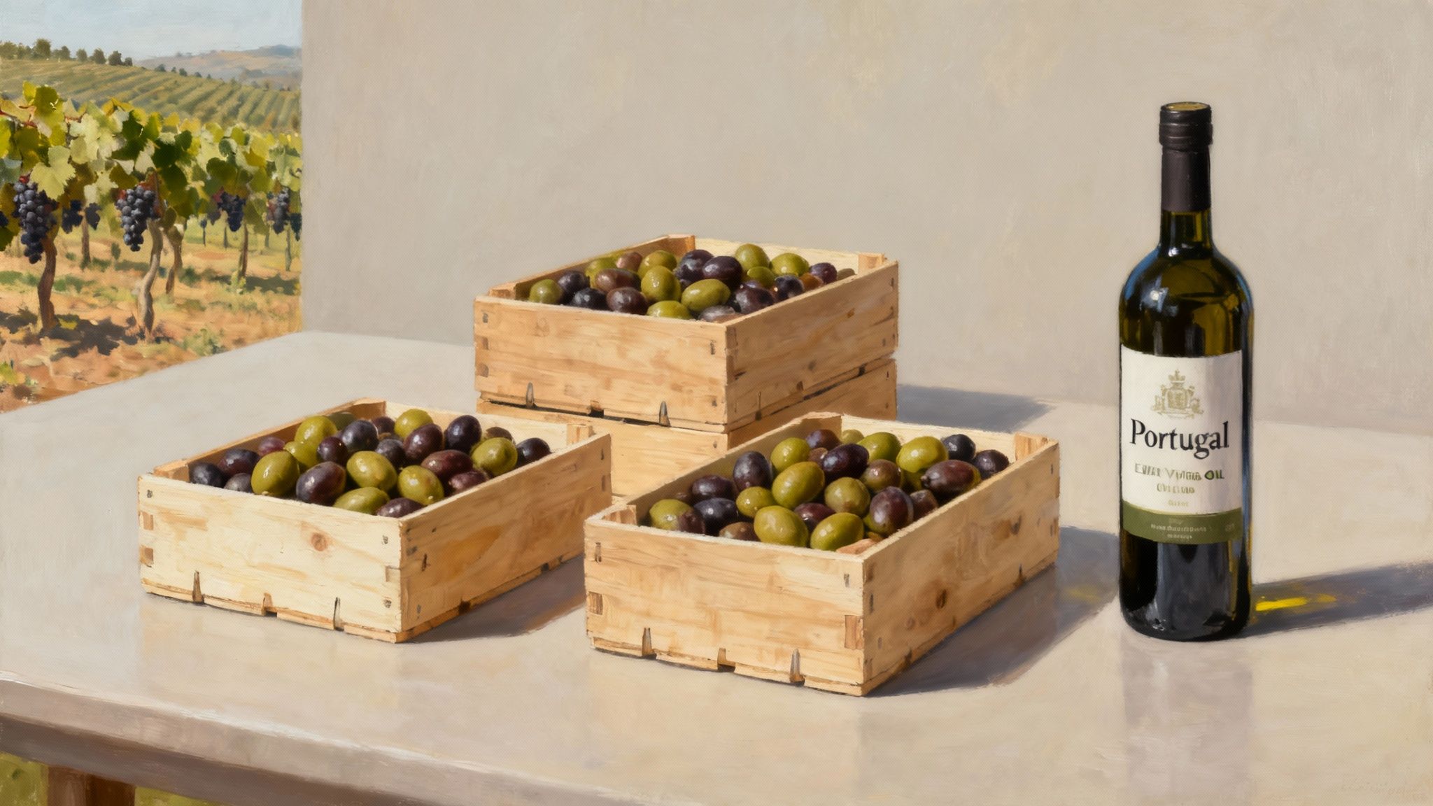 Fresh Portuguese produce, including olives, grapes, and citrus, arranged in a vibrant market stall.