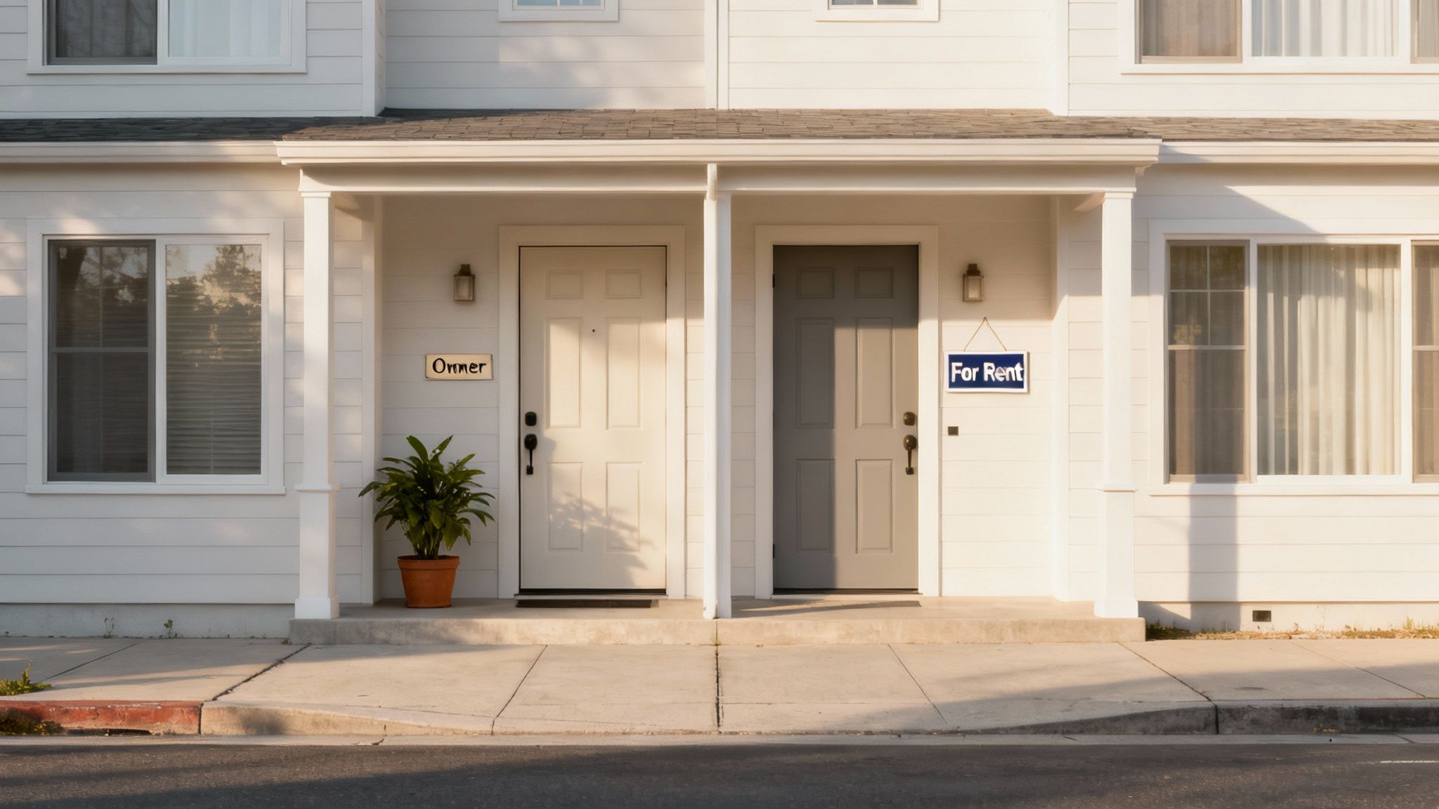Two adjacent doors of a duplex home, one marked 'Owner' and the other with a 'For Rent' sign.