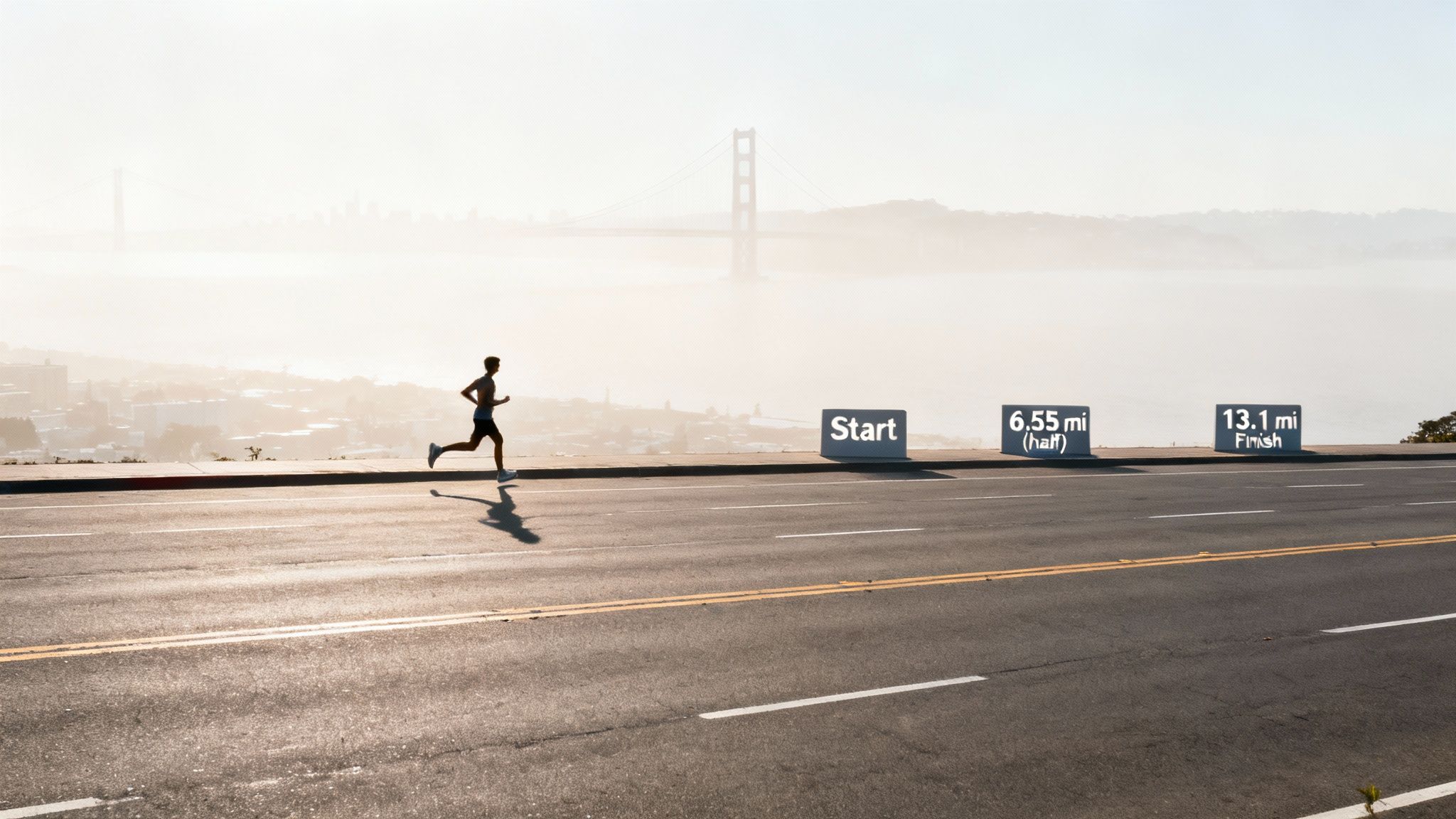 A runner on a road with Golden Gate Bridge in the foggy background, passing half marathon distance markers.