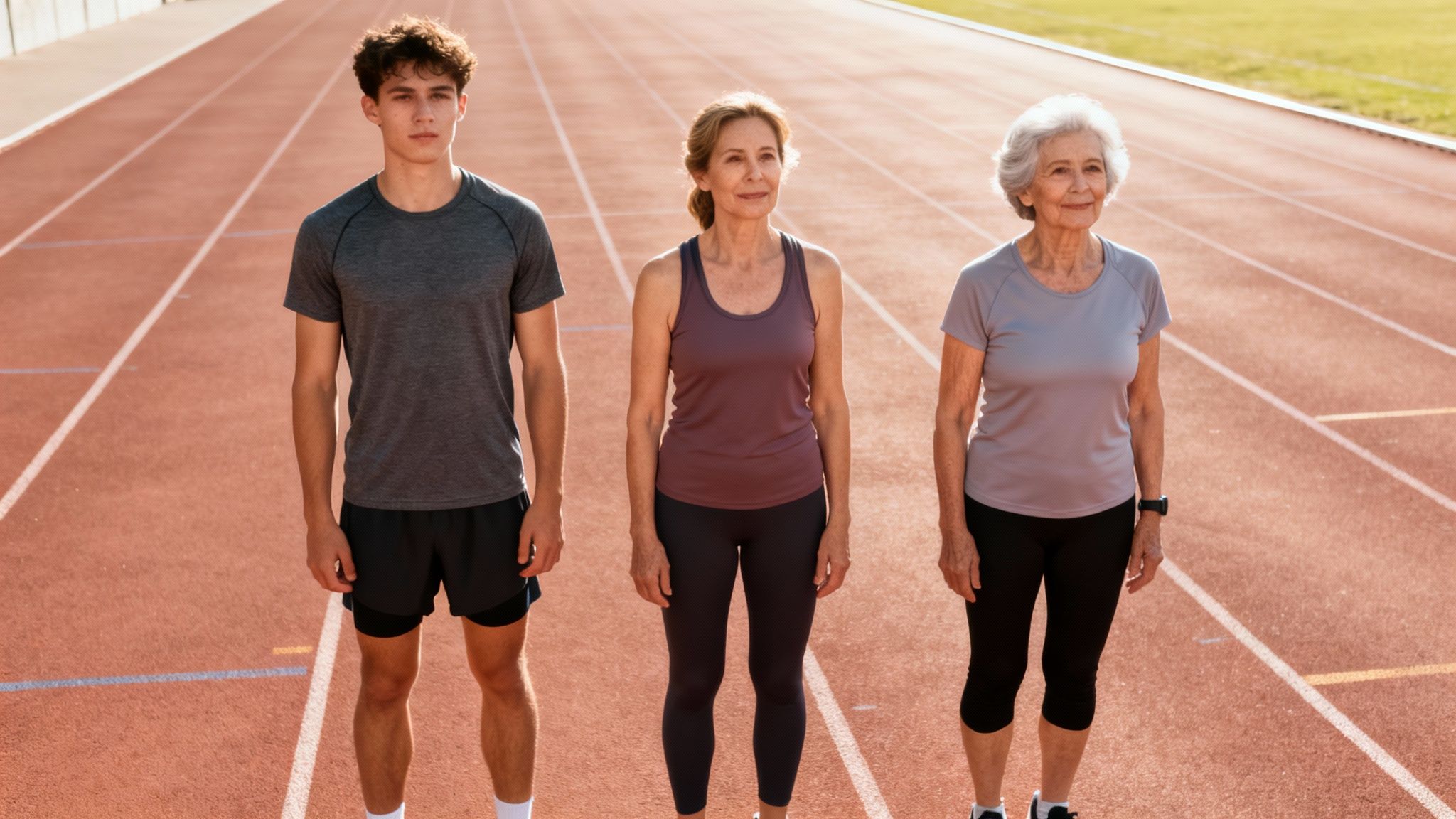 A young man, middle-aged woman, and elderly woman standing on a running track.