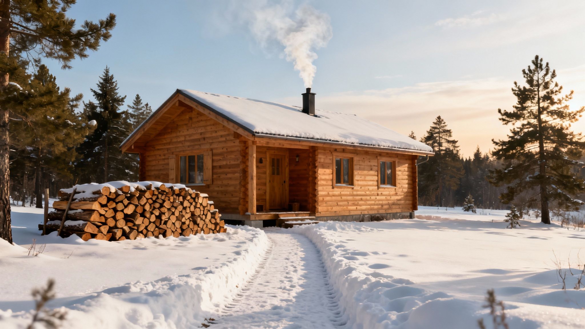 Cozy wooden log cabin in a snowy winter landscape with smoke rising from the chimney.