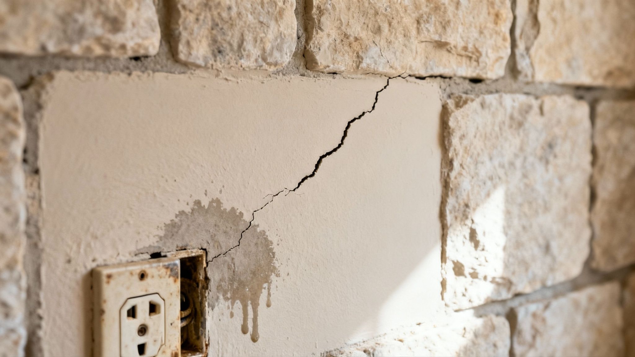 Close-up of a damaged wall with a visible crack, moisture stains, and an old electrical outlet.