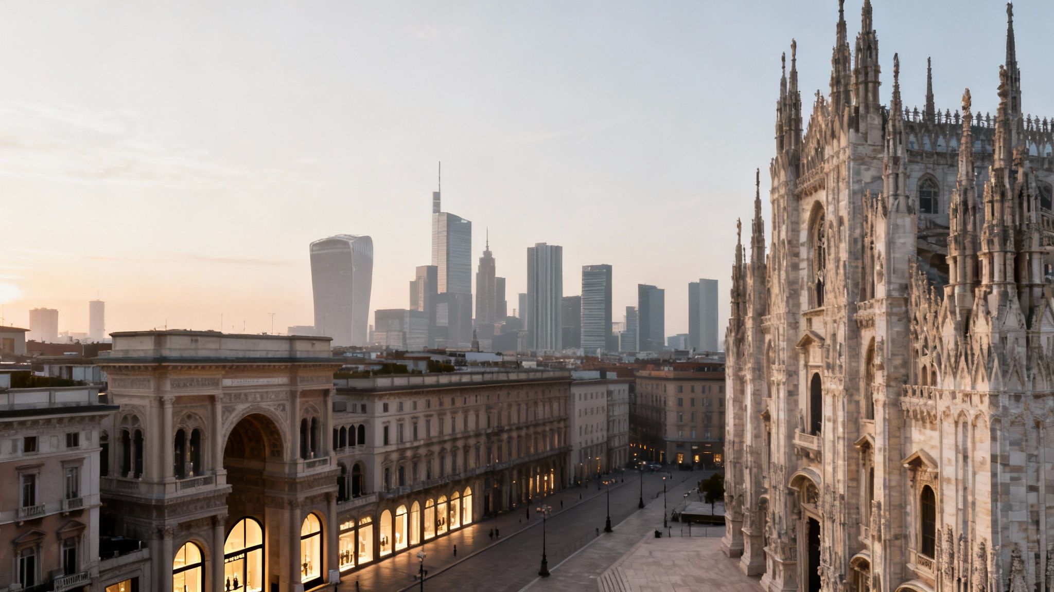 Panoramic view of Milan at dawn with Duomo cathedral, Galleria Vittorio Emanuele II, and modern skyscrapers.