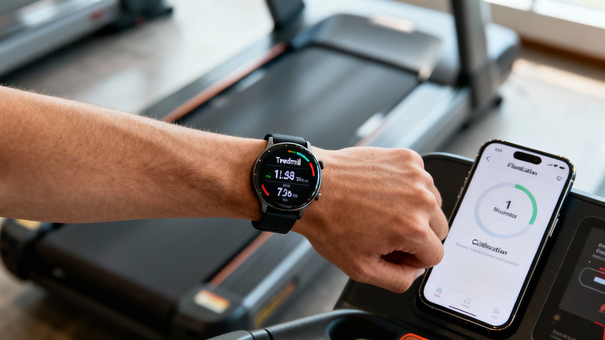 A person's arm shows a smartwatch tracking a treadmill workout, with a smartphone displaying a fitness app.