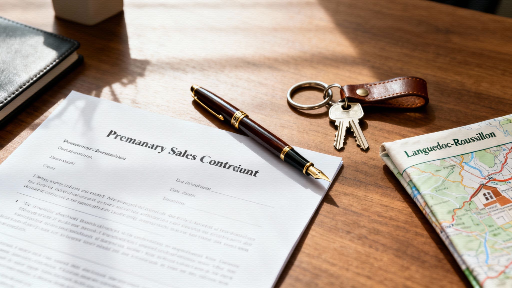 A fountain pen, keys, and a sales contract on a wooden desk, next to a map of Languedoc-Roussillon.