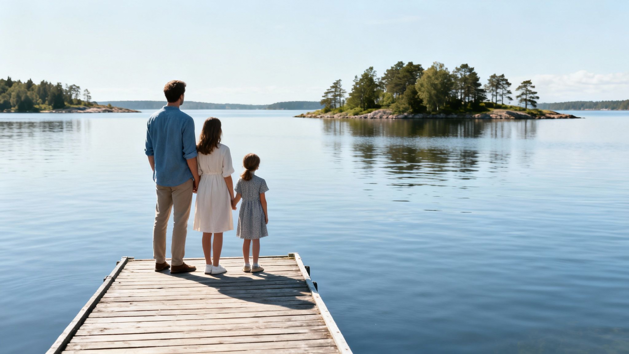 Family on a wooden pier looking at a calm lake with forested islands under a clear sky.
