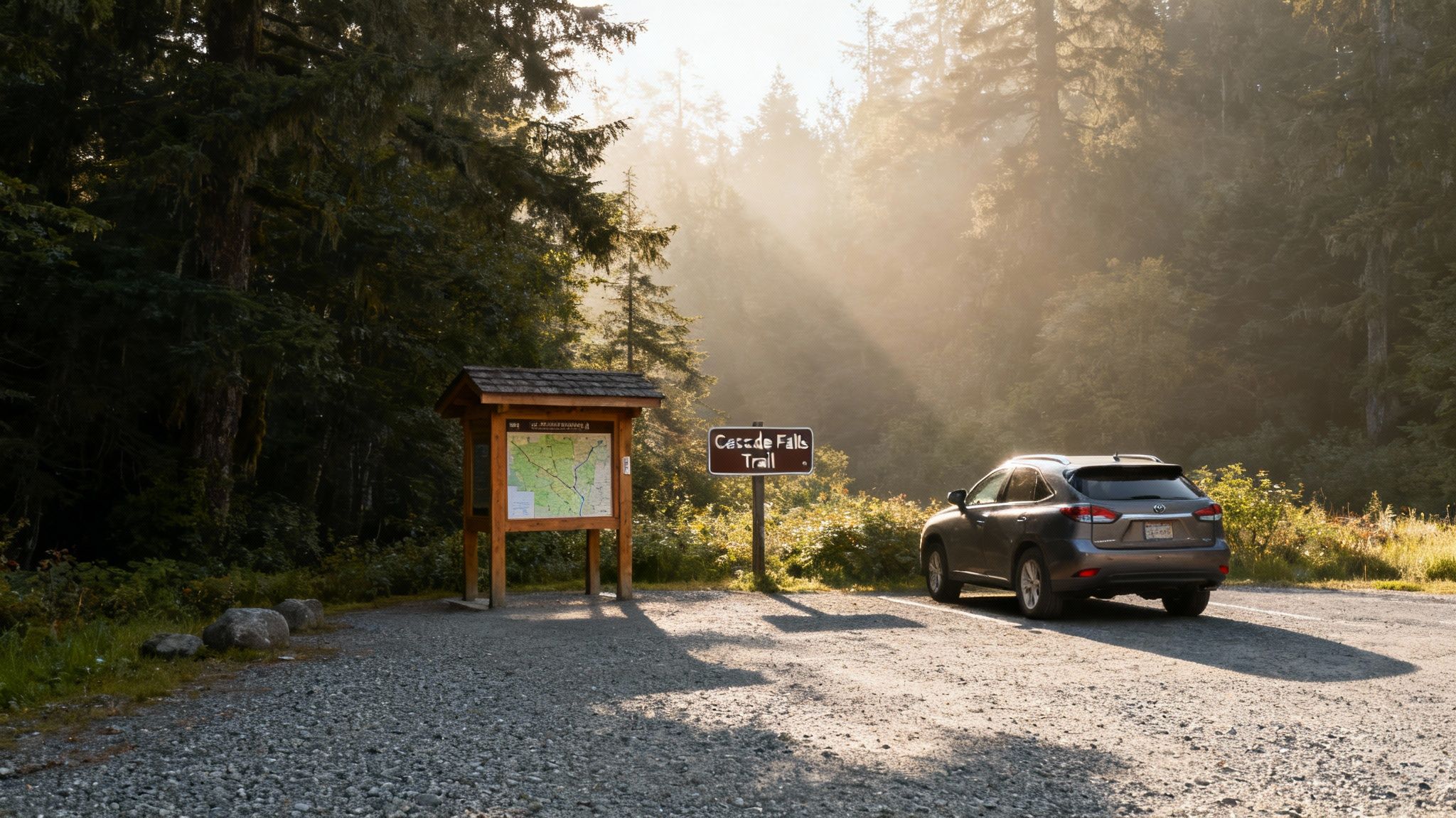 A grey SUV in a sunny gravel parking lot next to a 'Cascade Falls Trail' sign and a map.