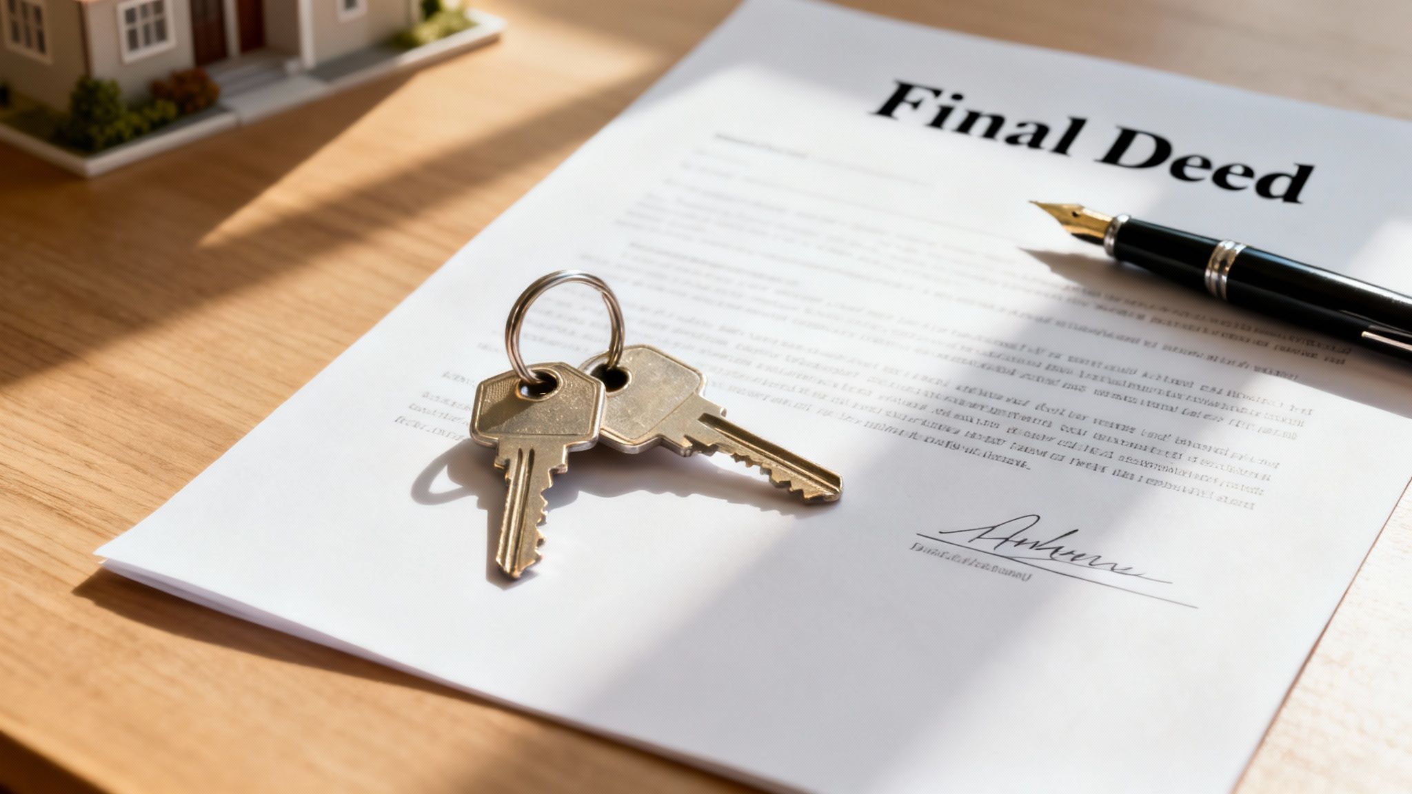 Close-up of a Final Deed document with house keys, a pen, and a miniature house model on a wooden desk.
