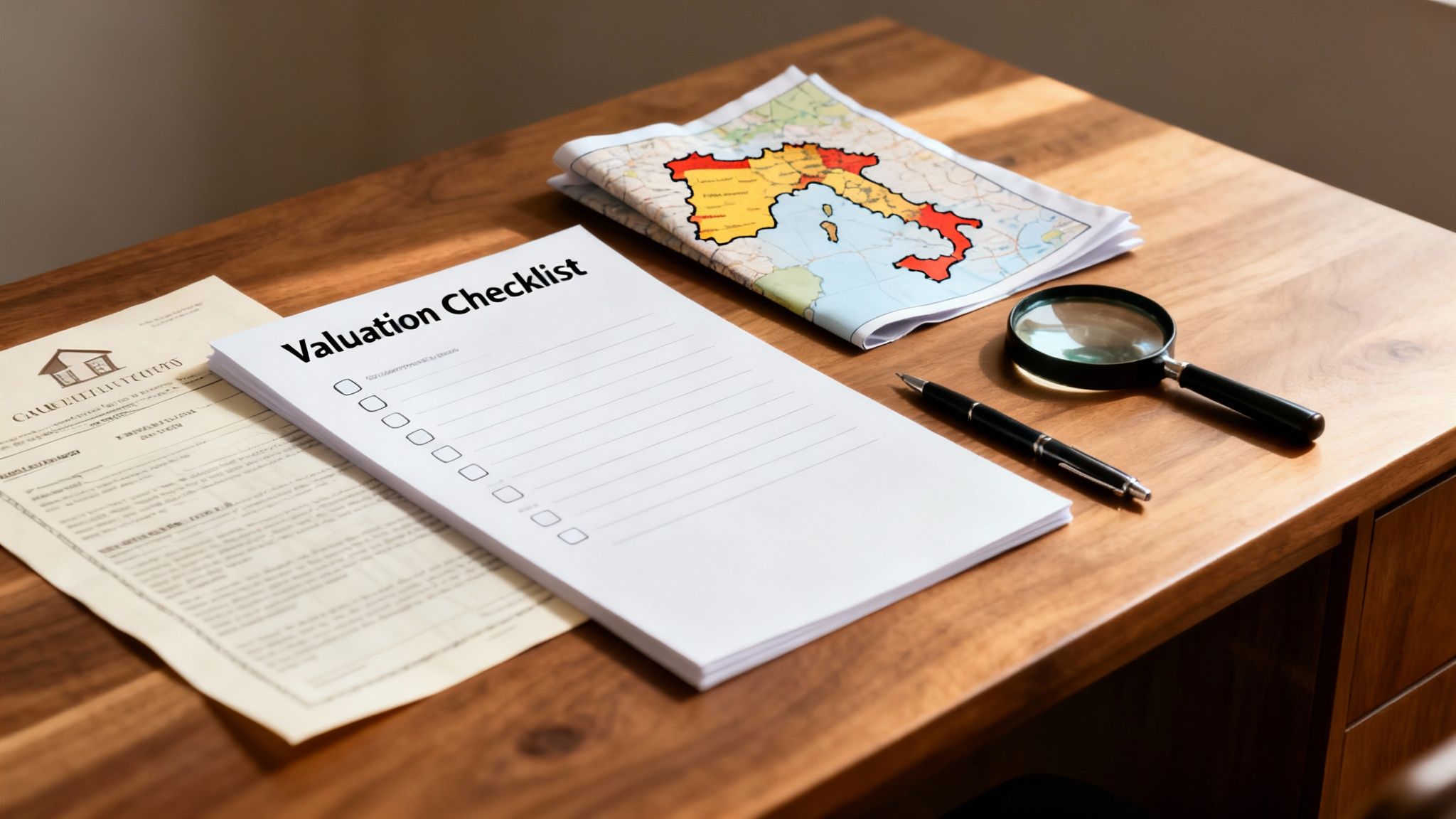 A wooden desk with a 'Valuation Checklist', property document, map of Italy, pen, and magnifying glass.