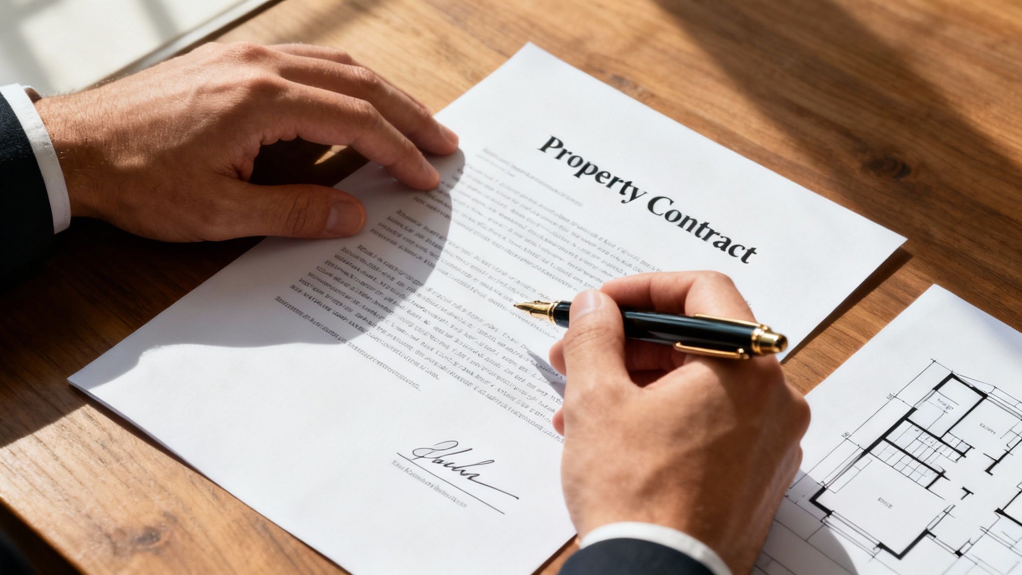 Close-up of hands reviewing a 'Property Contract' document with a pen, next to a blueprint.