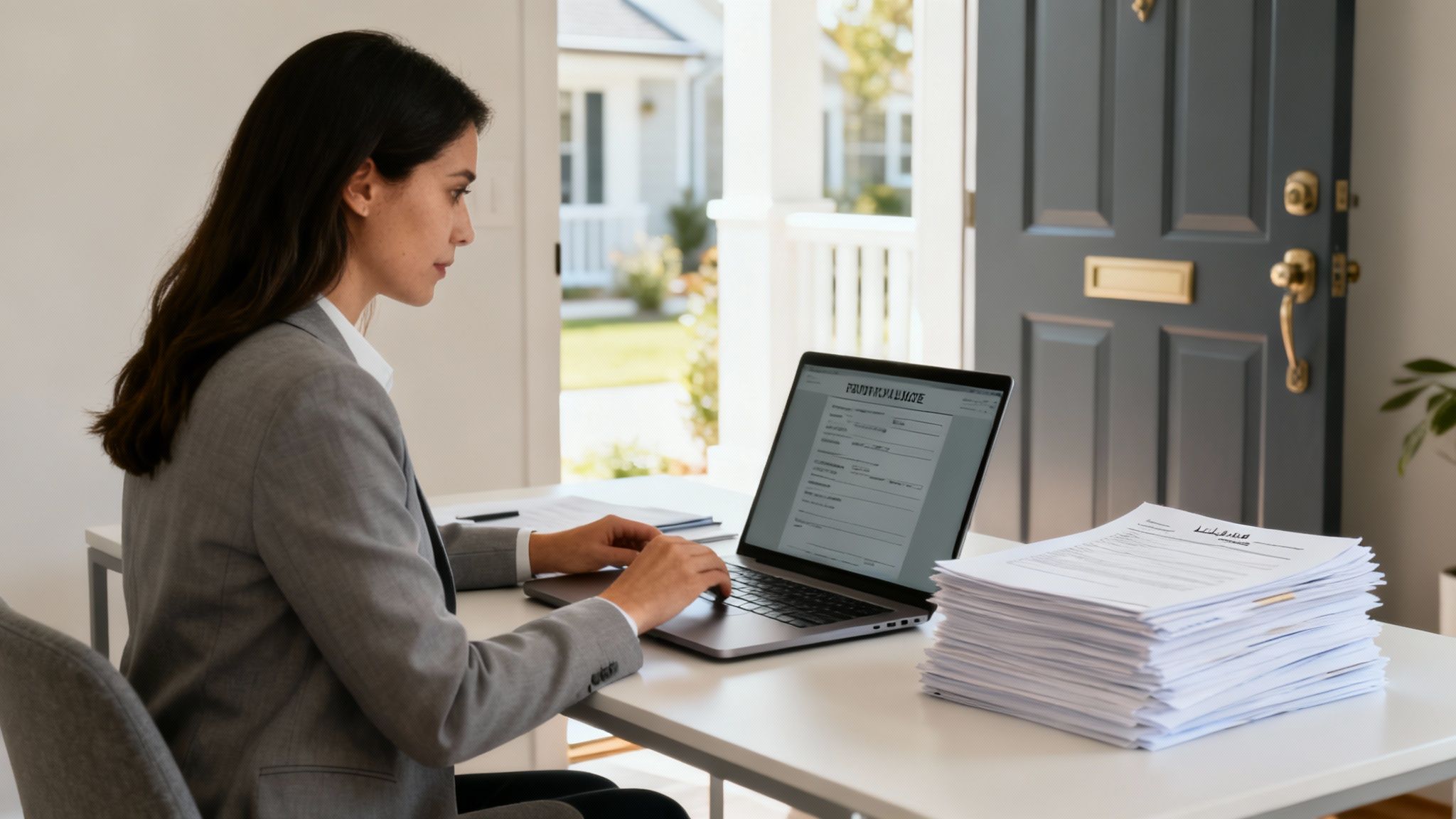 People signing a rental agreement in a modern apartment.
