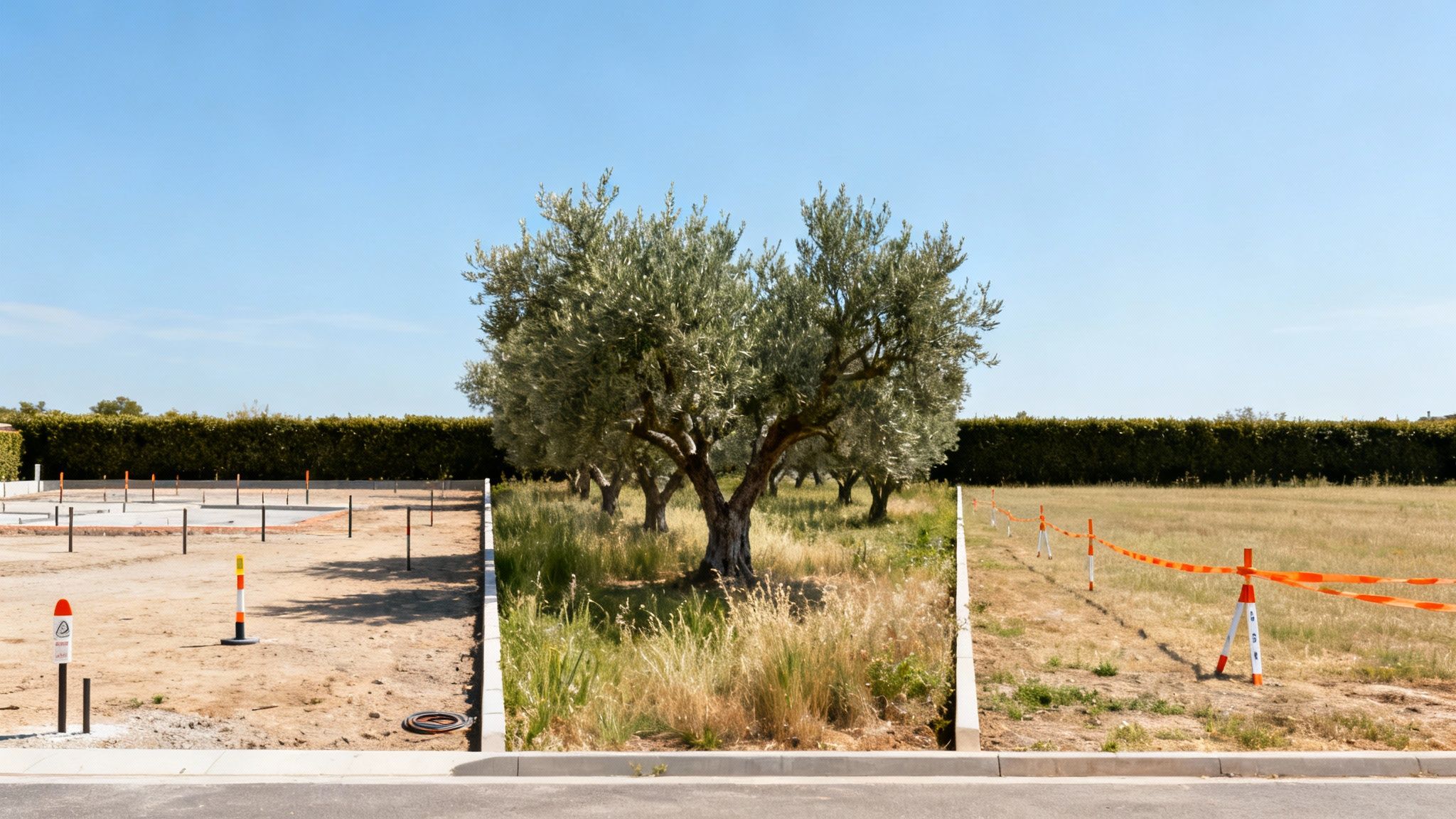 A wide shot of land showing a prepared construction plot, an olive grove, and a dry field under a clear blue sky.