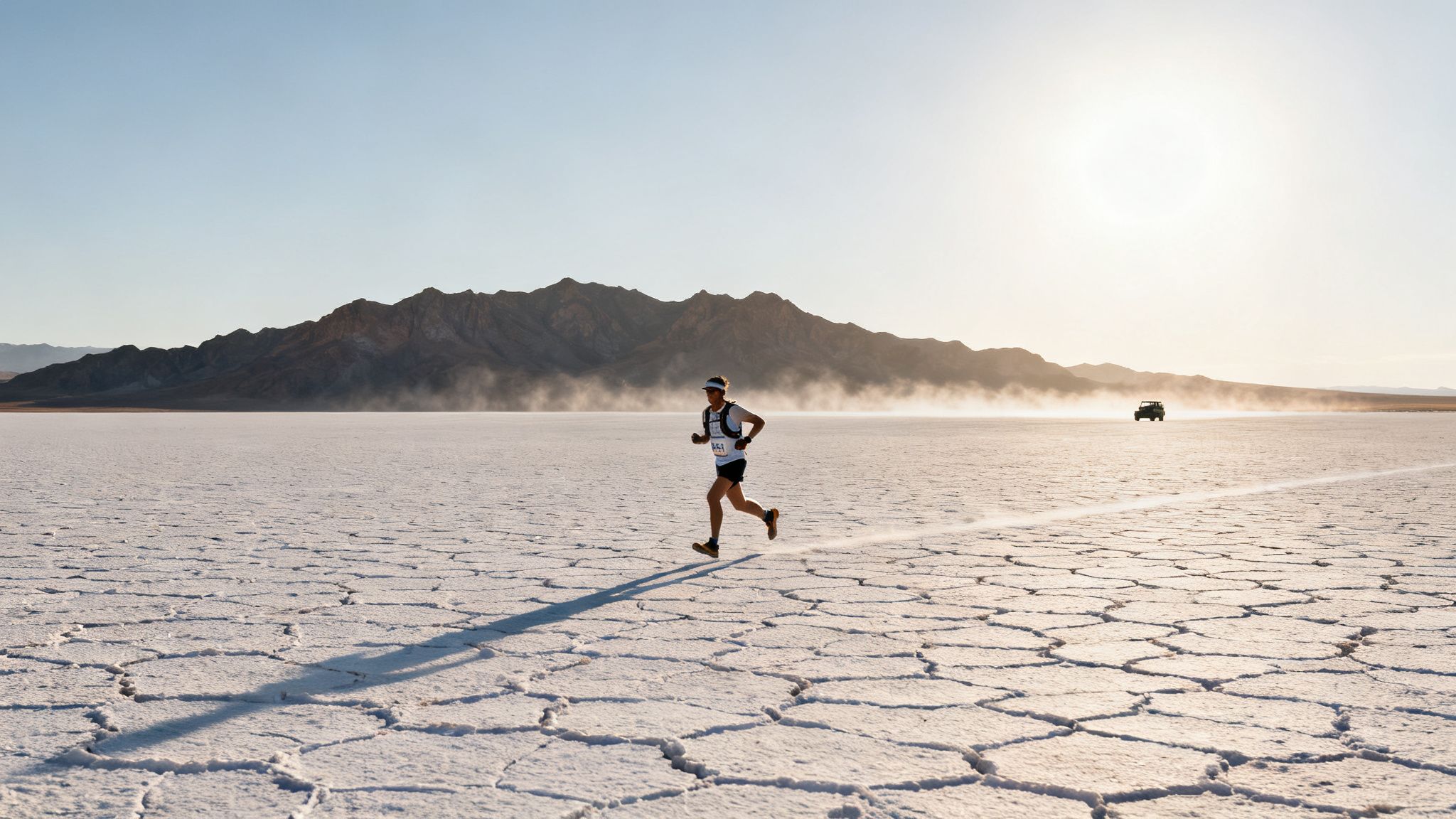 An ultramarathon runner crosses a vast, cracked salt flat under a bright sun.