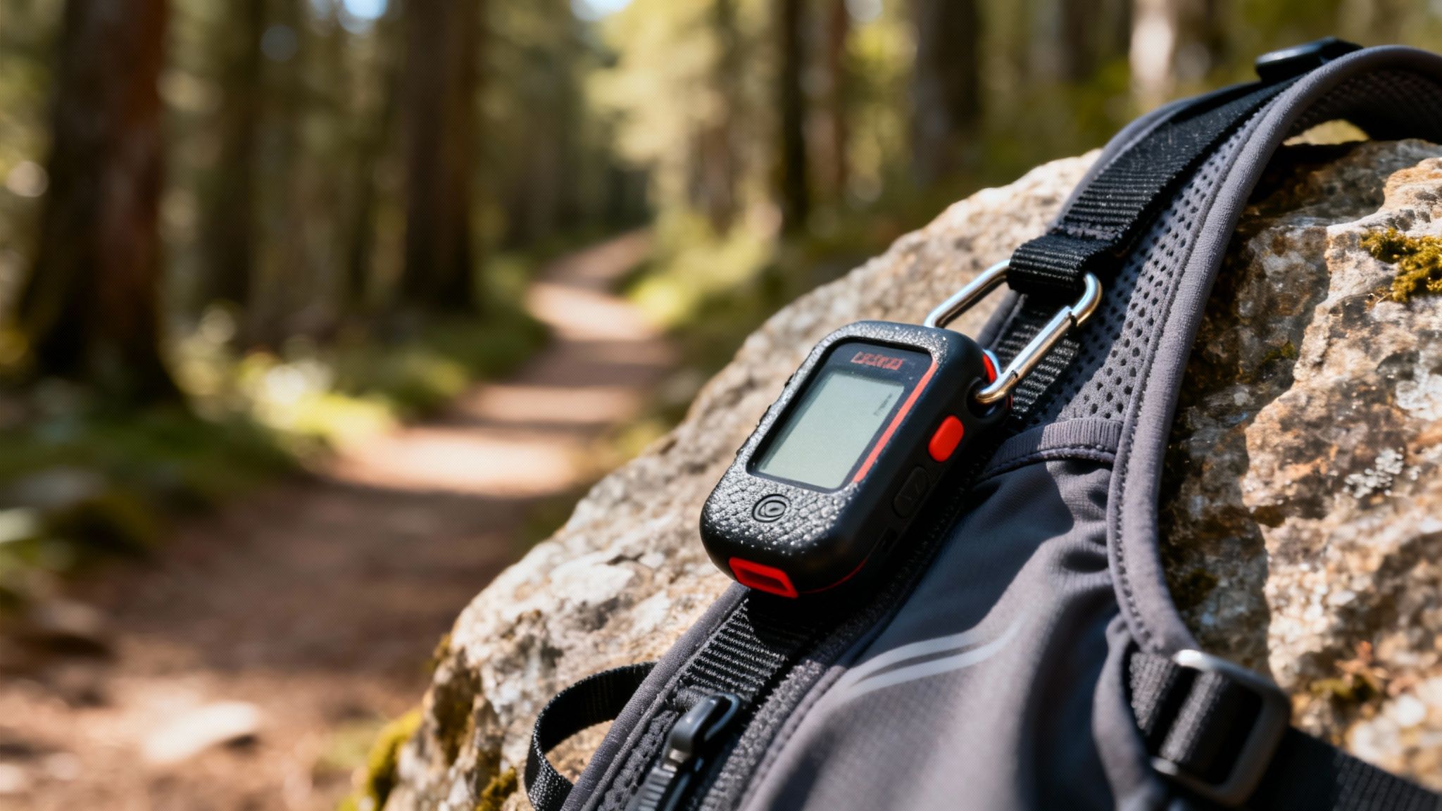 GPS device on a backpack, resting on a rock with a blurred forest path.
