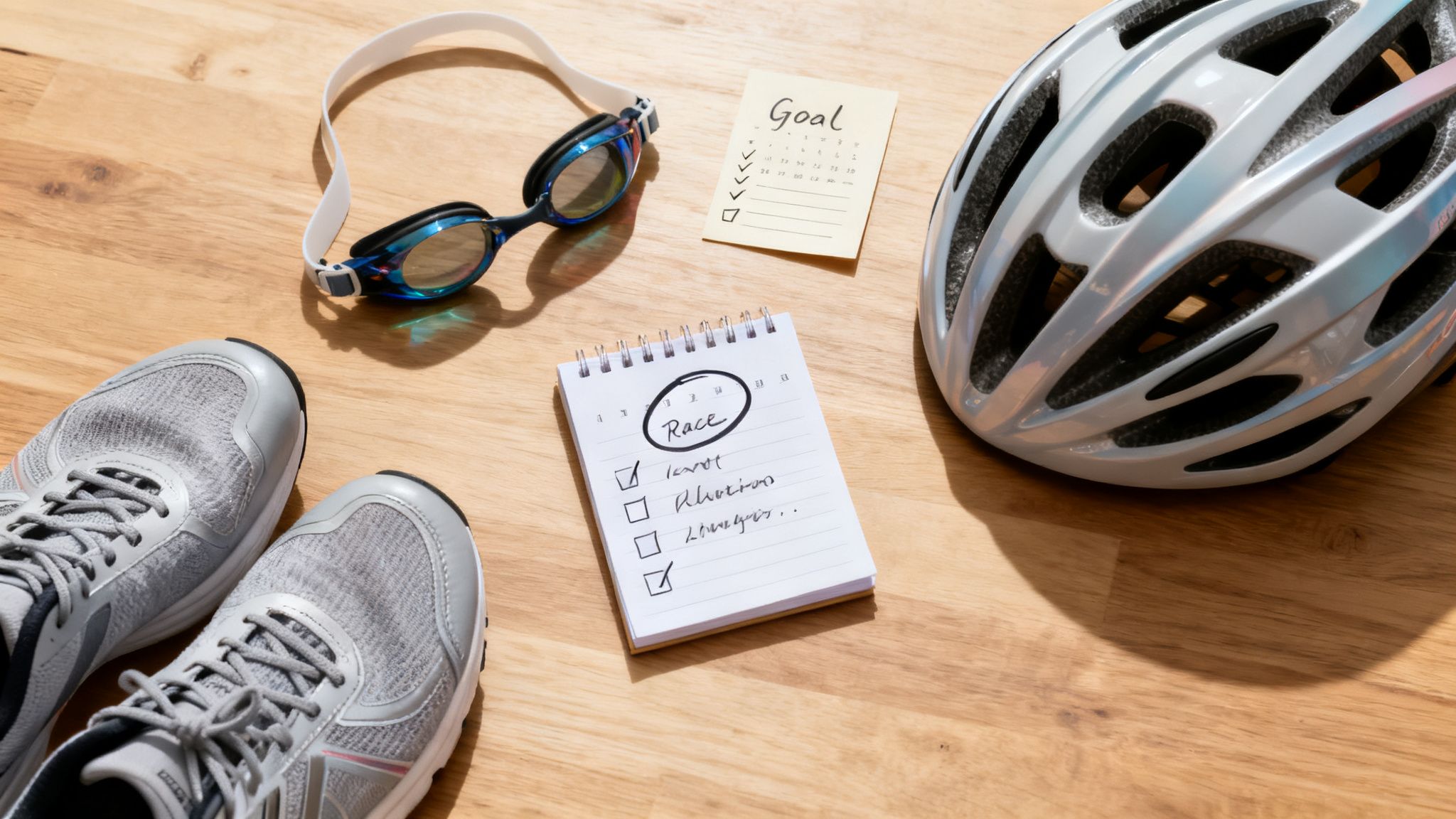 Flat lay of triathlon gear, including running shoes, swimming goggles, a helmet, and training checklists.