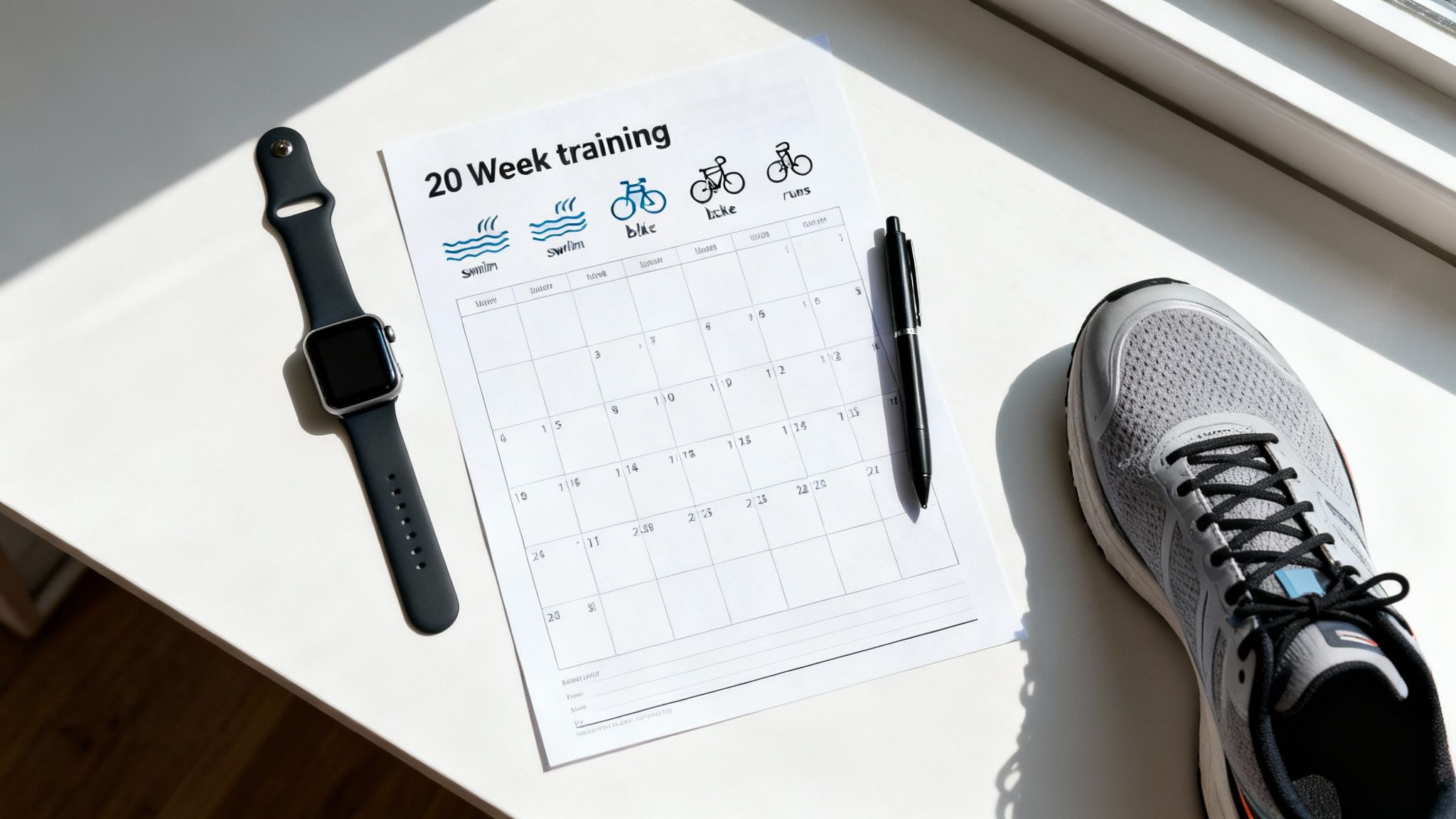A flat lay of a 20-week training plan, smartwatch, pen, and running shoe on a white table.